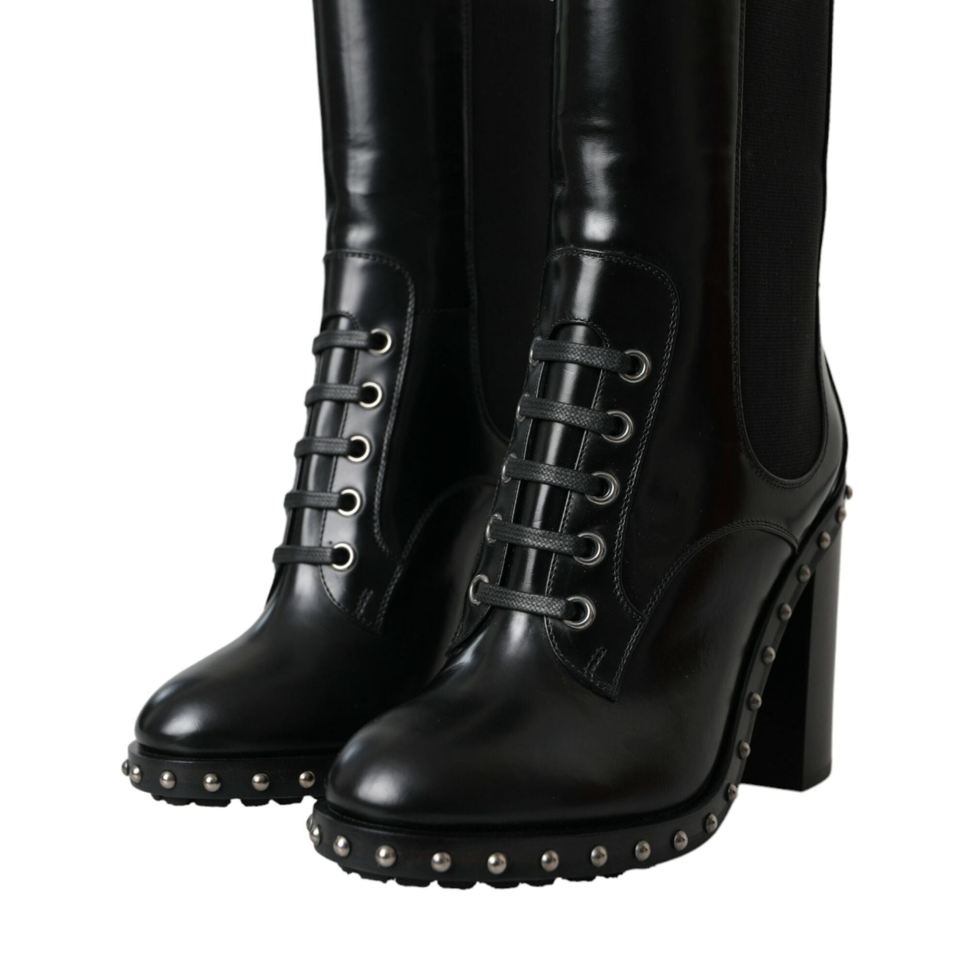 Dolce & Gabbana Black Leather Studded Lace Up Boots Shoes