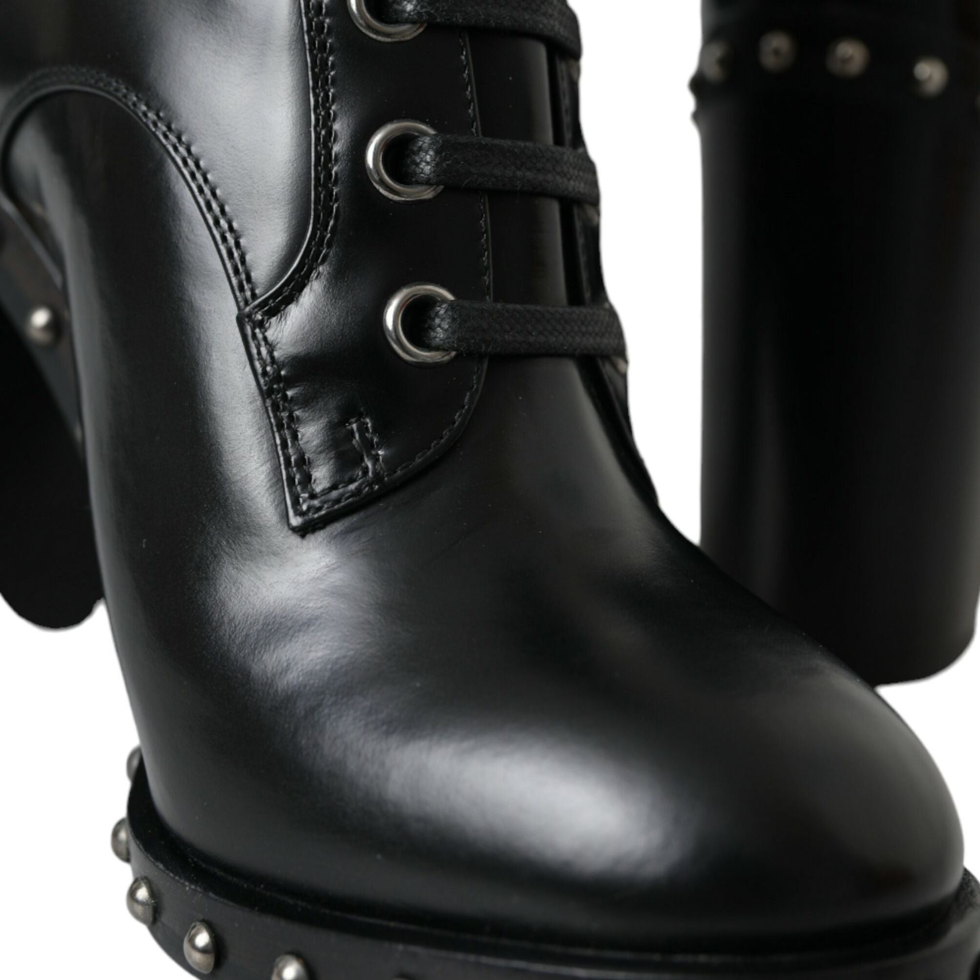 Dolce & Gabbana Black Leather Studded Lace Up Boots Shoes