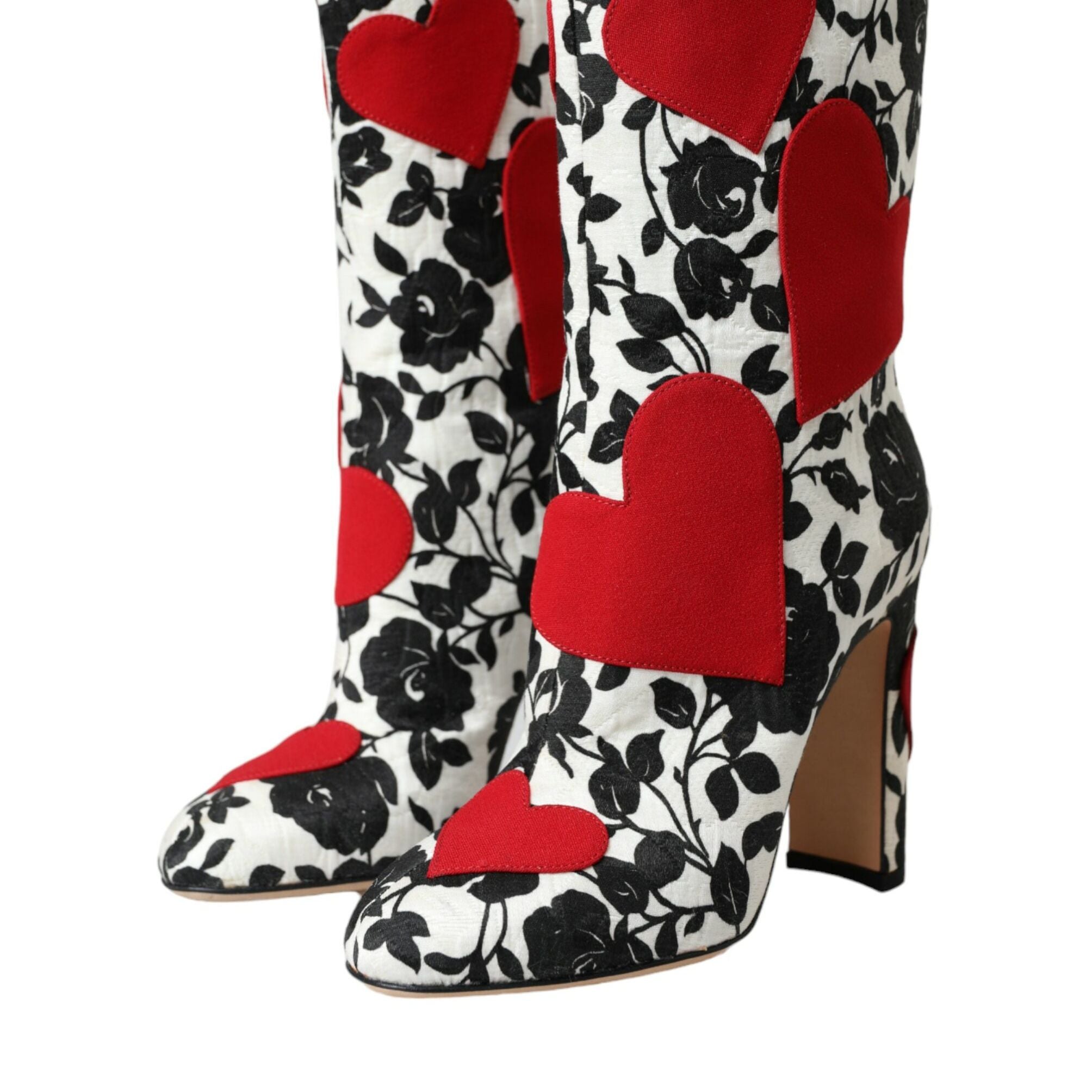 Dolce & Gabbana White Floral Hearts Leather High Boots Shoes