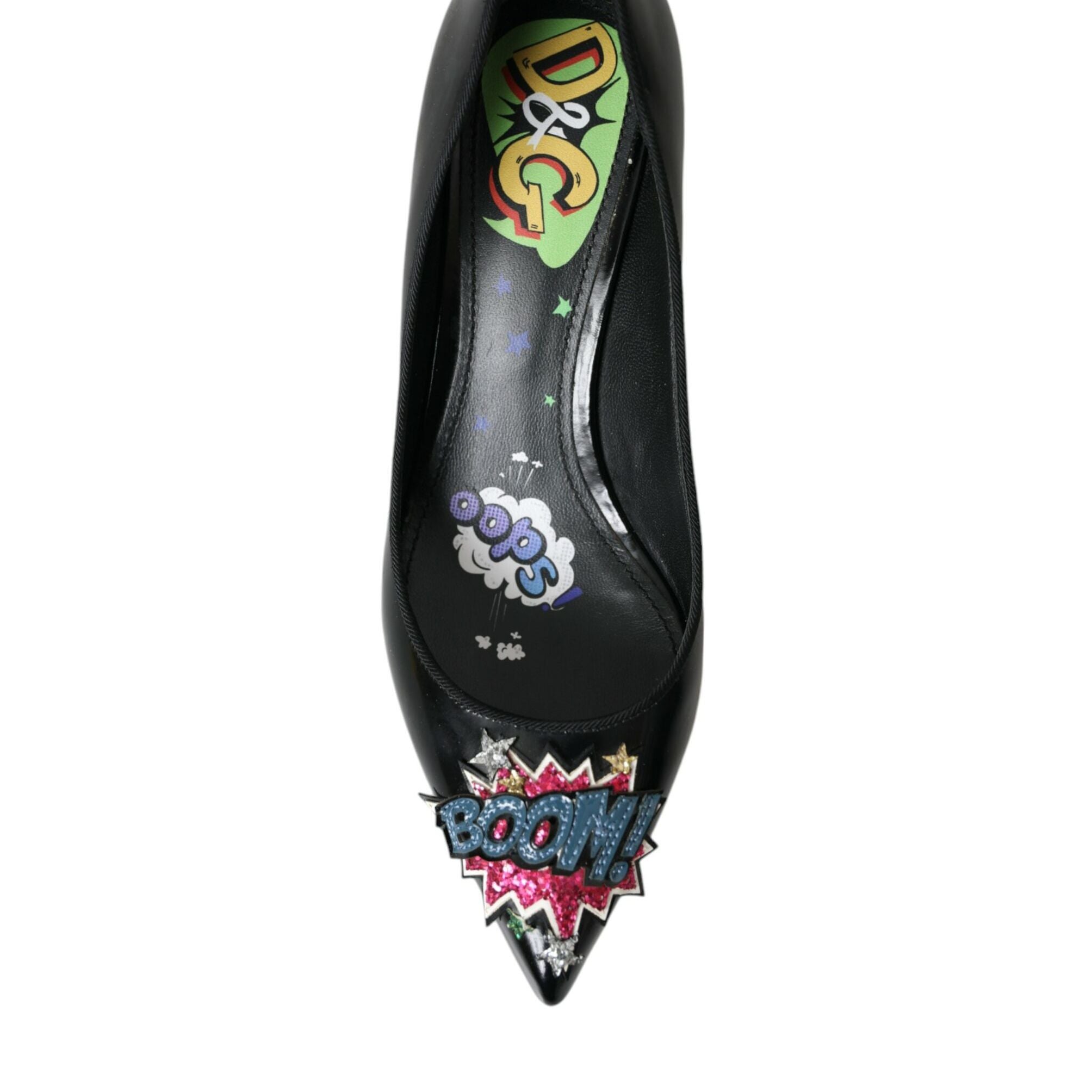 Dolce & Gabbana Black Leather BOOM Patch Heels Pumps Shoes
