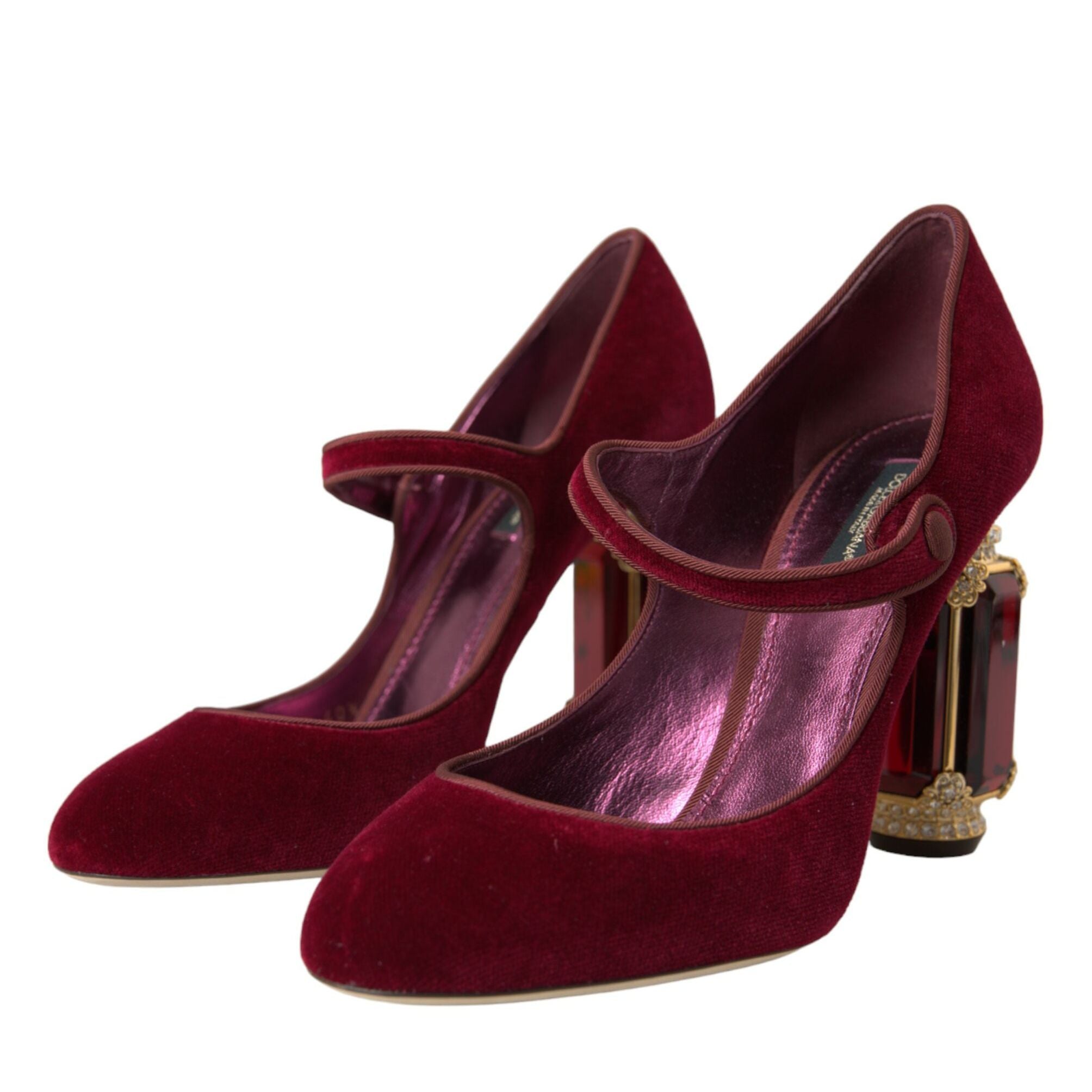 Dolce & Gabbana Red Velvet Gold Crystals Heels Mary Jane Shoes