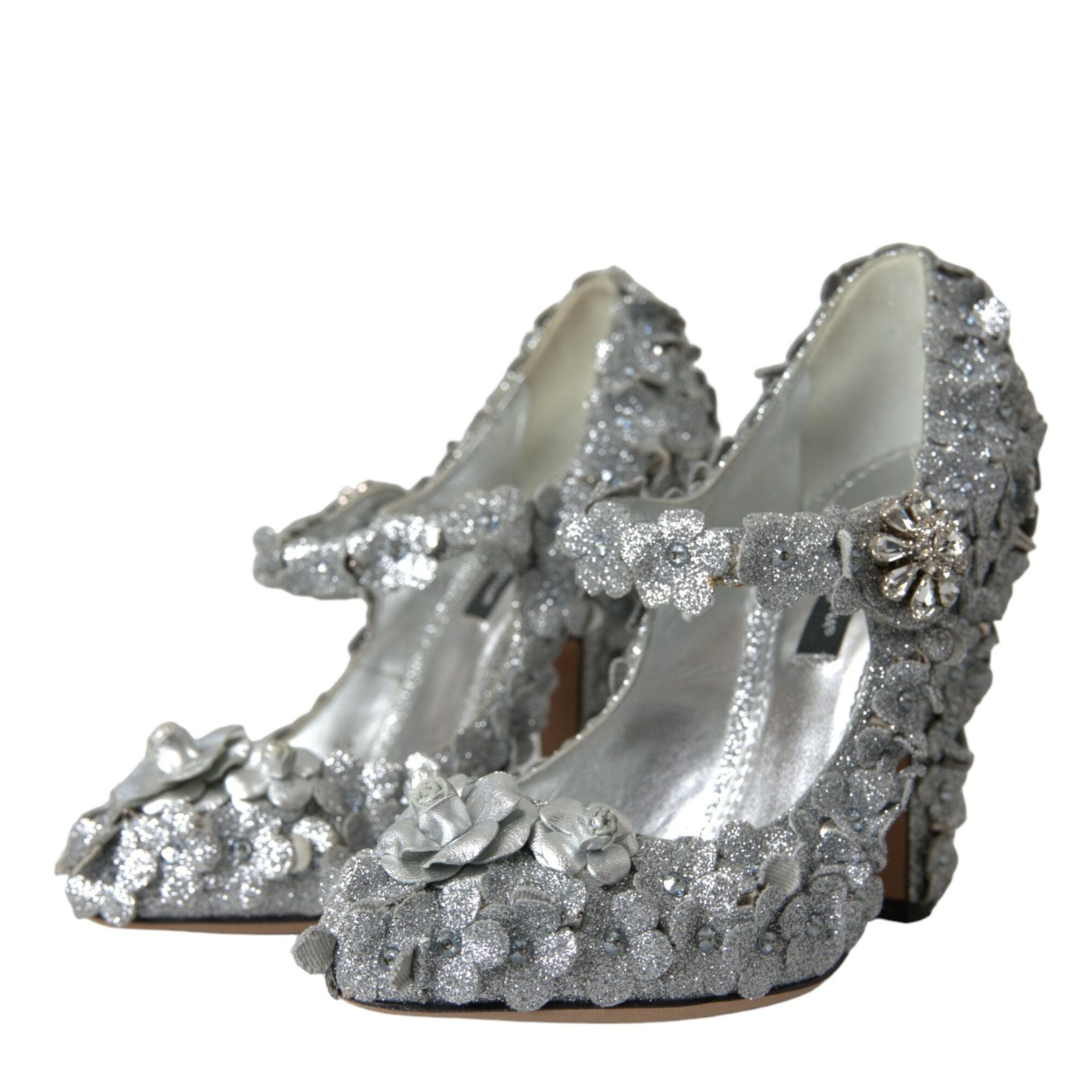 Dolce & Gabbana Silver Floral Crystal Mary Jane Pumps Shoes