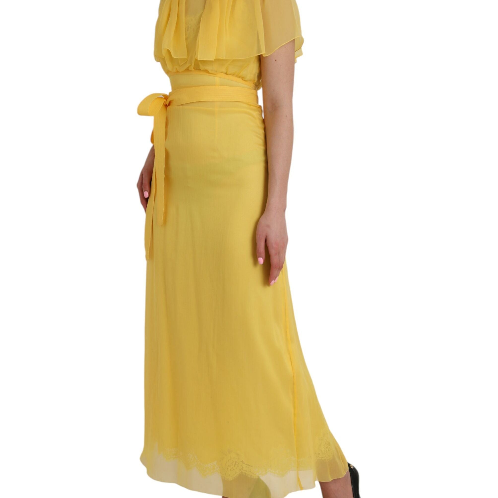 Dolce & Gabbana Yellow Silk Sheath Belted Long Maxi Dress