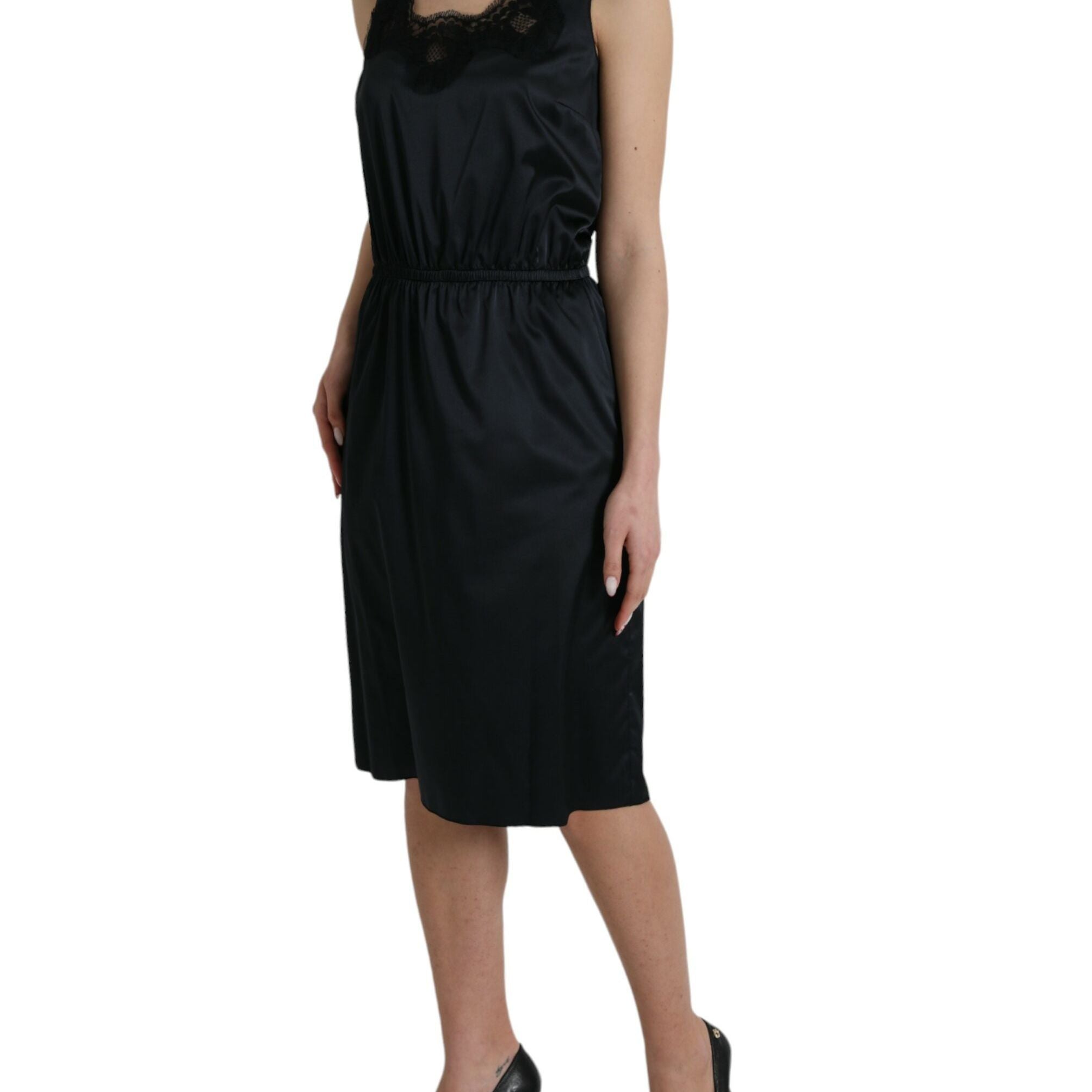 Dolce & Gabbana Black Polyester Lace Trim Sheath Midi Dress