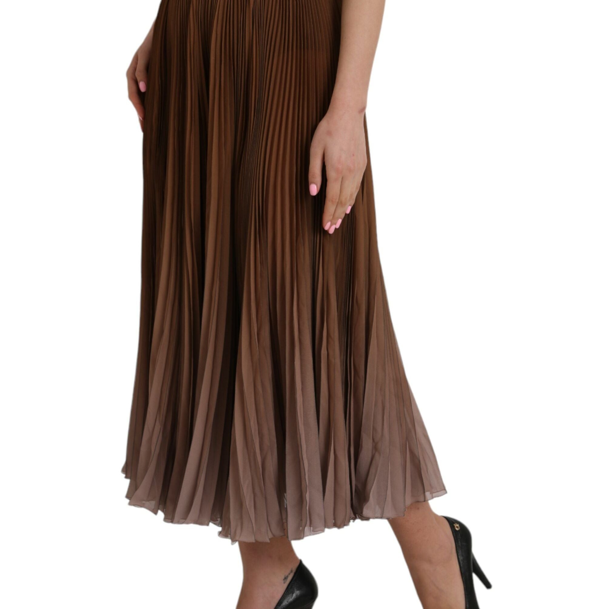 Dolce & Gabbana Brown Polyester Pleated High Waist Midi Skirt