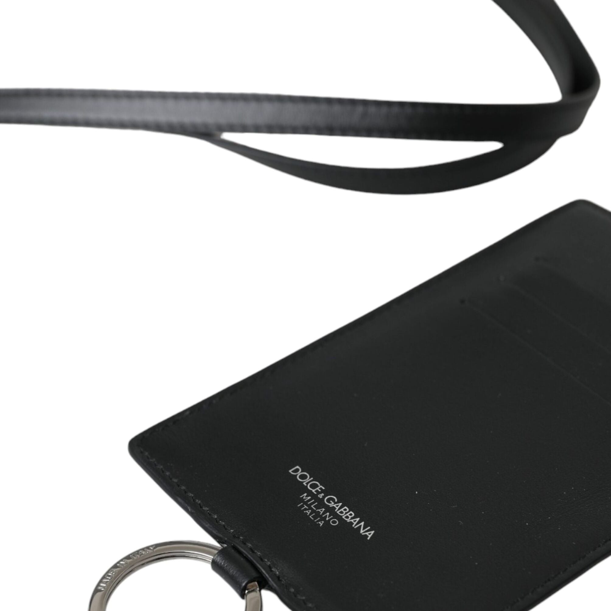 Dolce & Gabbana Black Calf Leather Lanyard Logo Card Holder Men Wallet