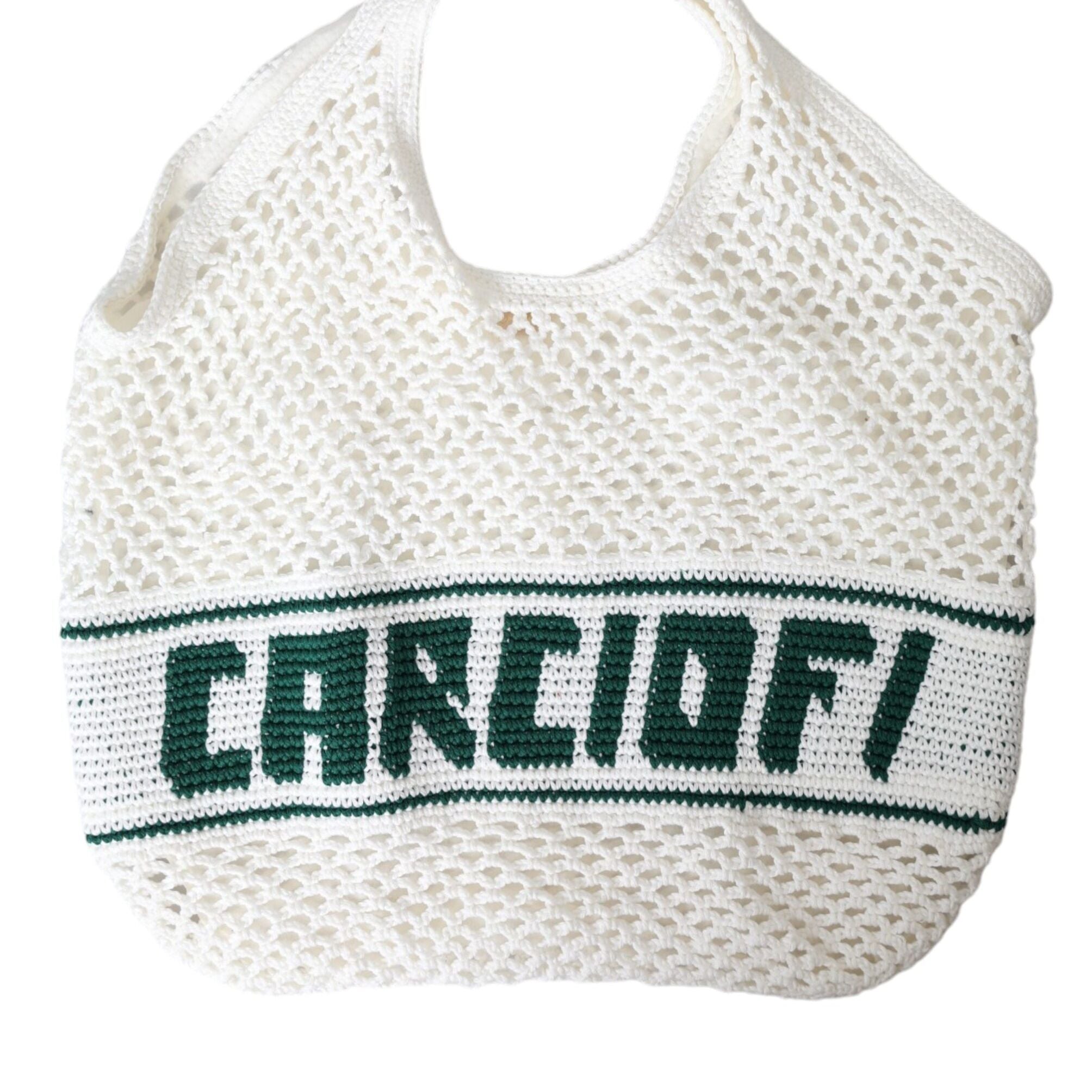 Dolce & Gabbana White Green Knitted Cotton Logo Shopping Tote Bag