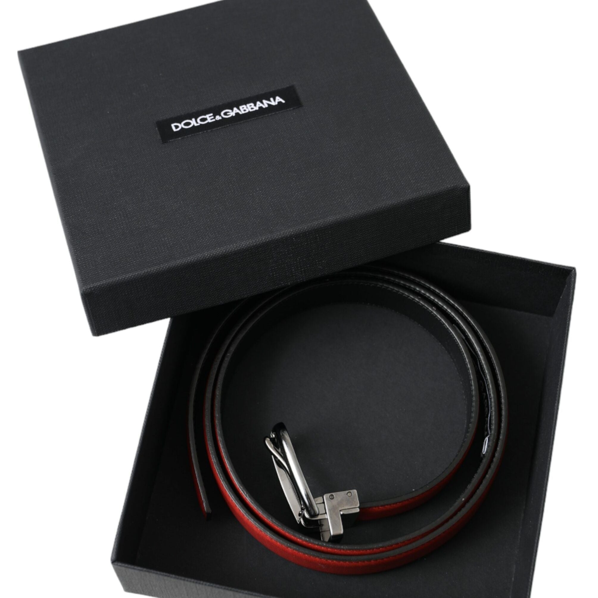Dolce & Gabbana Red Leather Silver Metal Buckle Belt Men