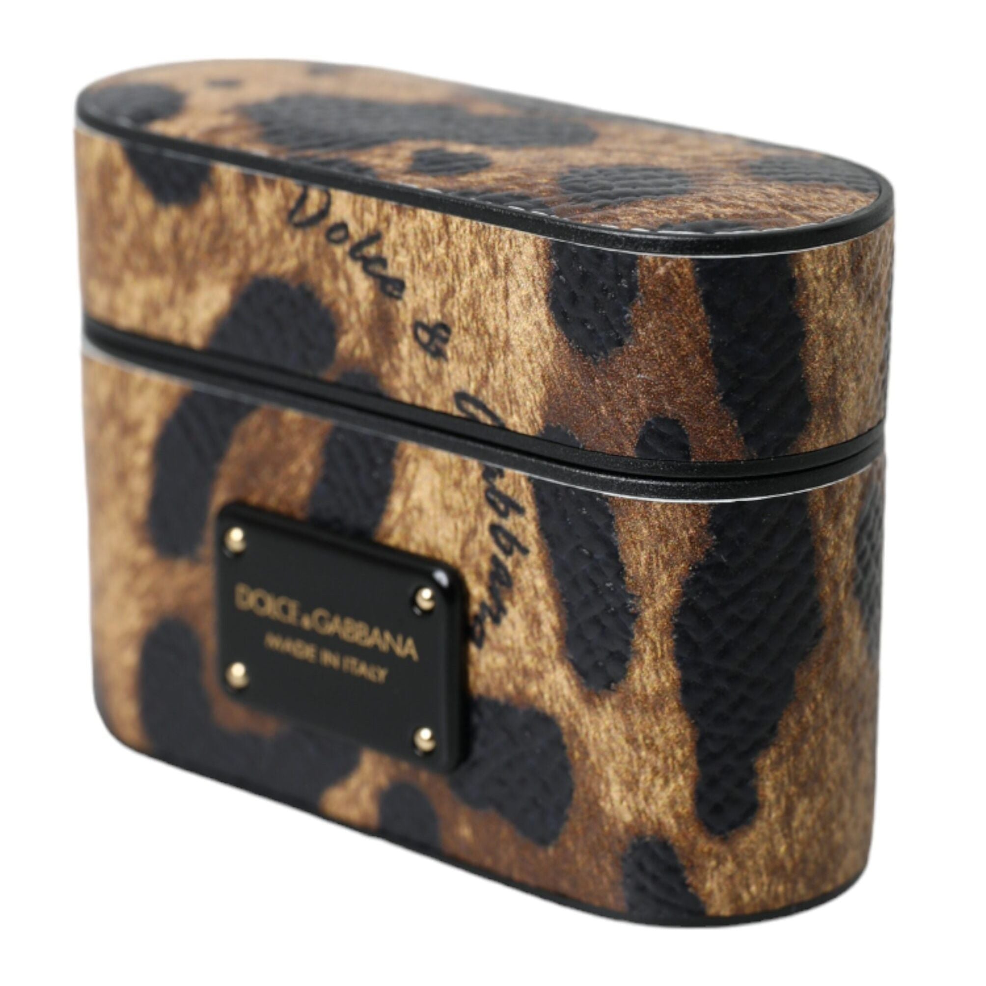 Dolce & Gabbana Brown Leopard Calf Leather Metal Logo Plaque Airpods Case