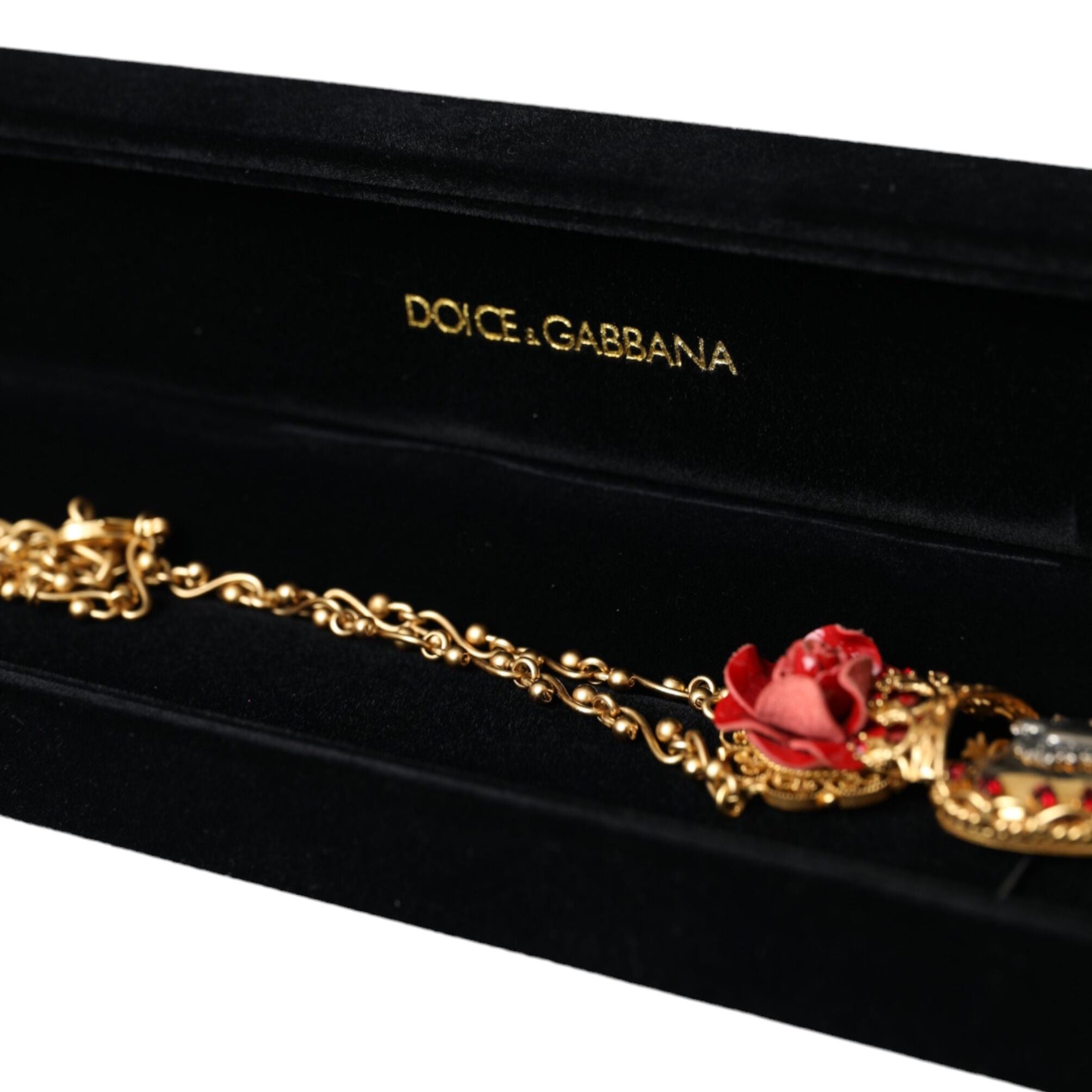 Dolce & Gabbana Gold BrassChain Sacred Heart Rose Crystal Charm Necklace