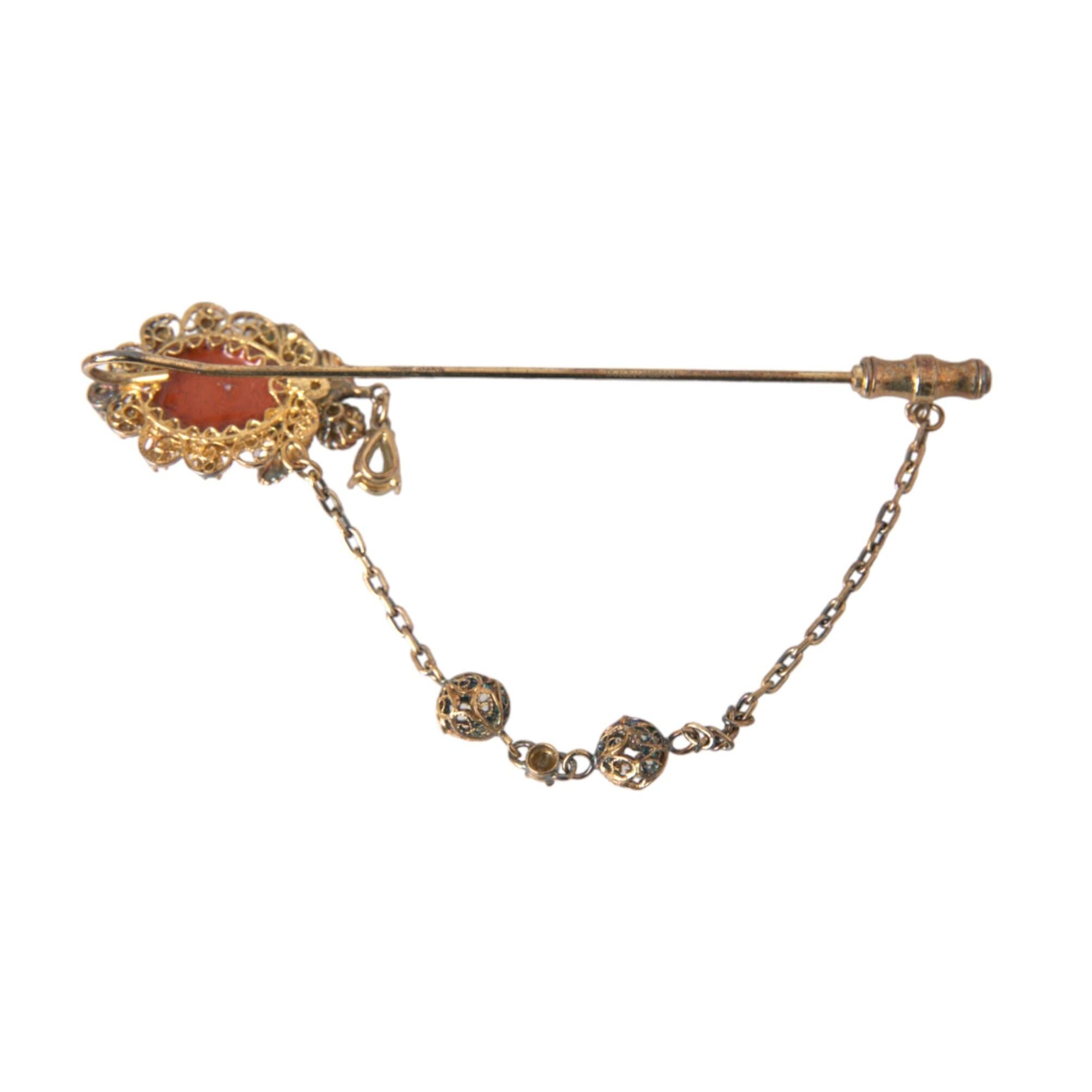 Dolce & Gabbana Gold Brass Crystal Chain 925 Sterling Silver Pin Brooch