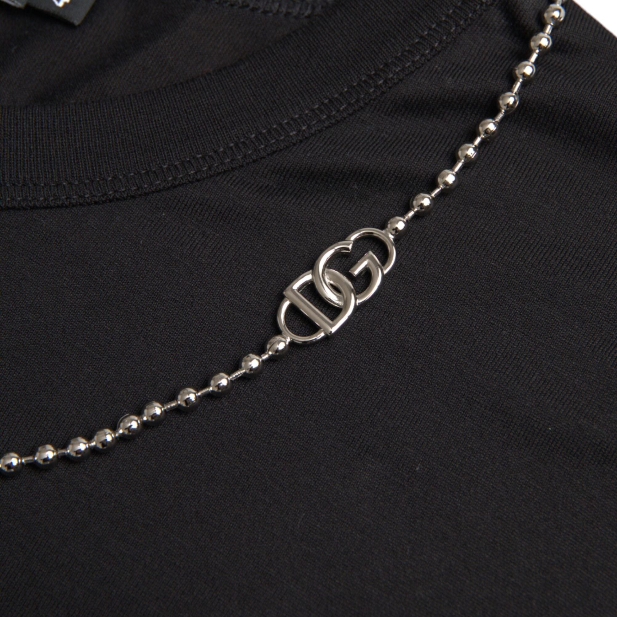 Dolce & Gabbana Black Cotton Silver Chain Short Sleeve T-shirt
