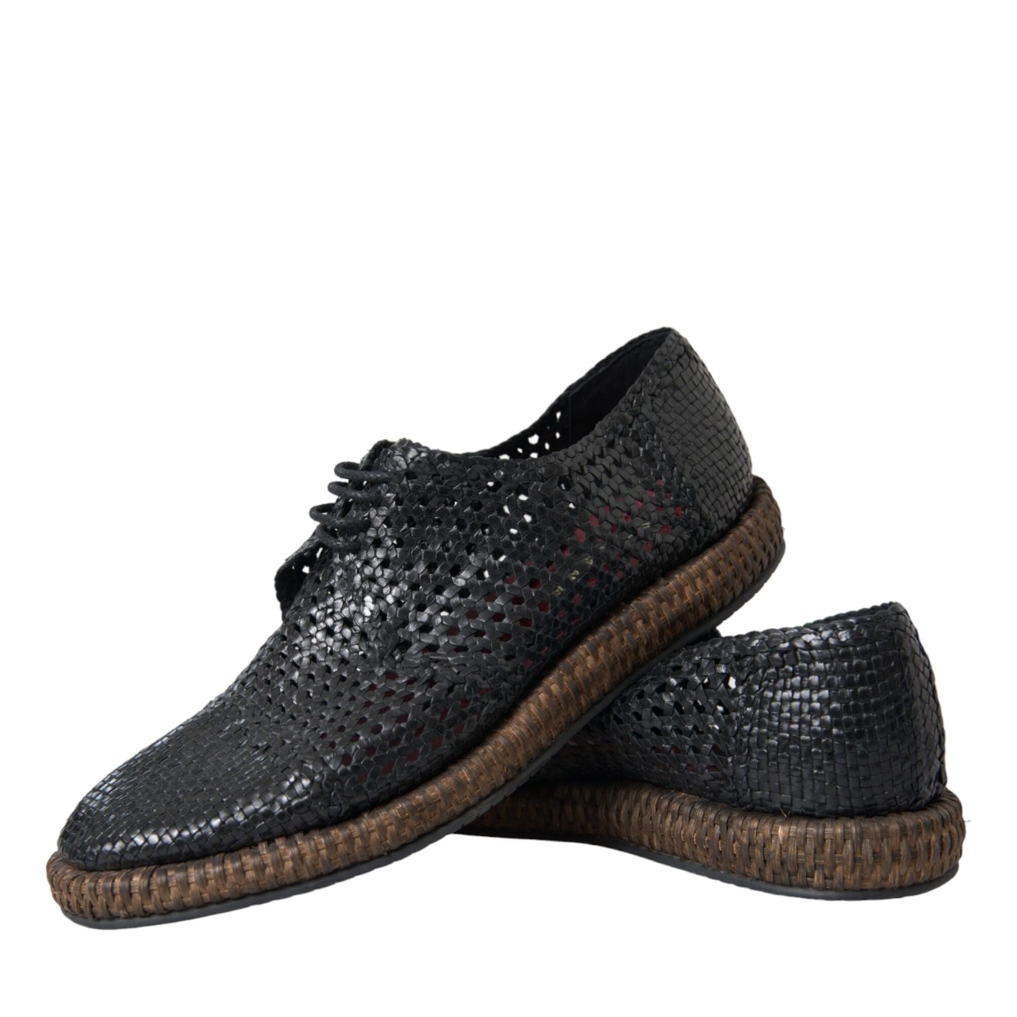 Dolce & Gabbana Black Woven Goat Leather Lace Up Derby Shoes