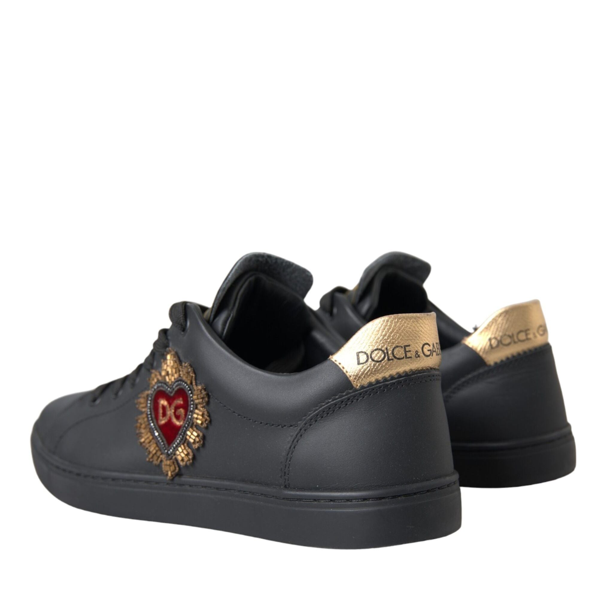 Dolce & Gabbana Black Leather Heart Embellished Sneakers Shoes