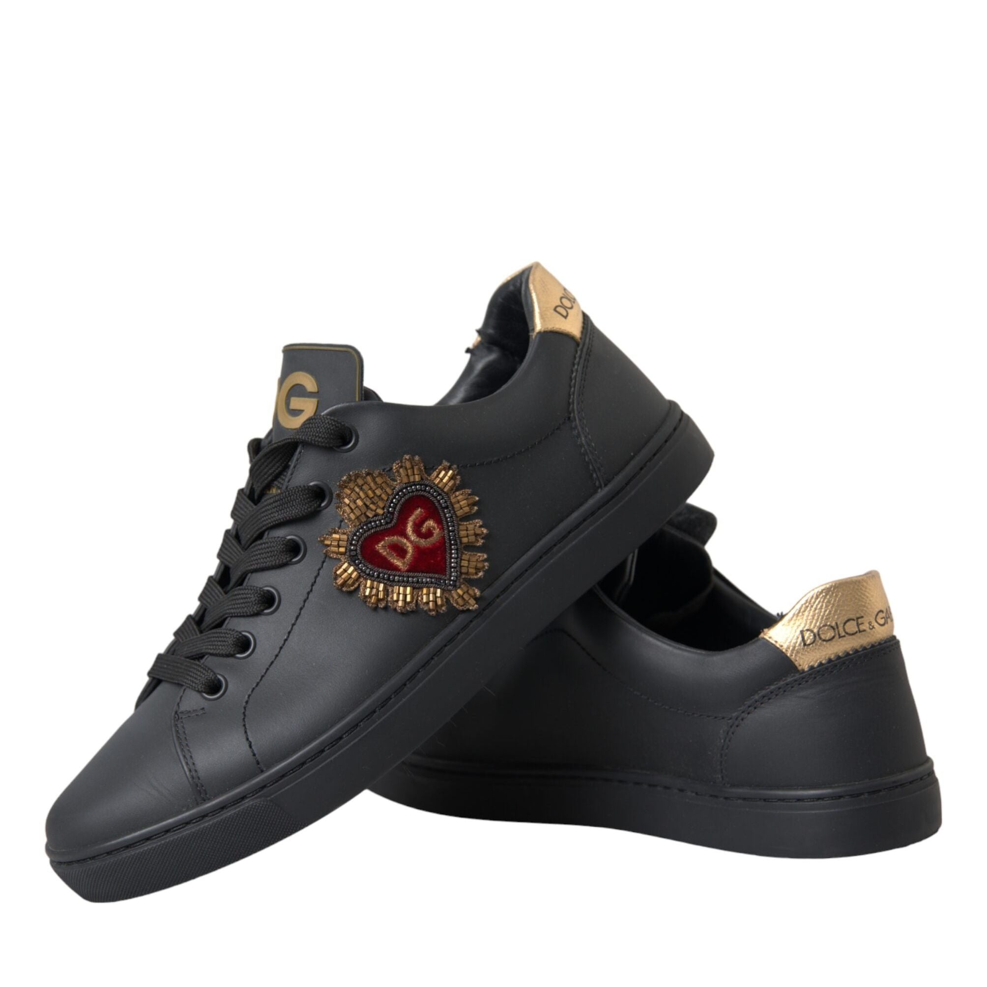 Dolce & Gabbana Black Leather Heart Embellished Sneakers Shoes