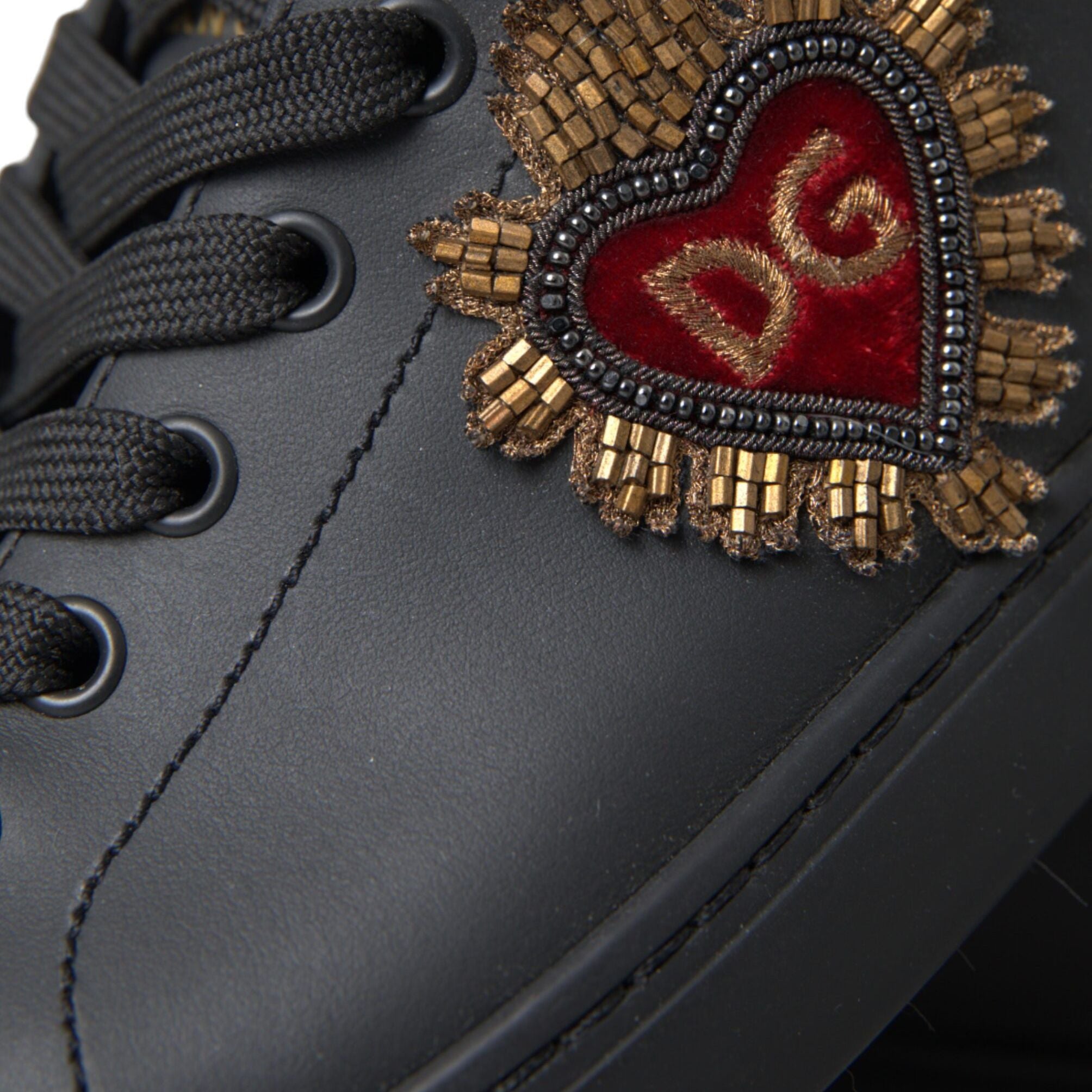 Dolce & Gabbana Black Leather Heart Embellished Sneakers Shoes