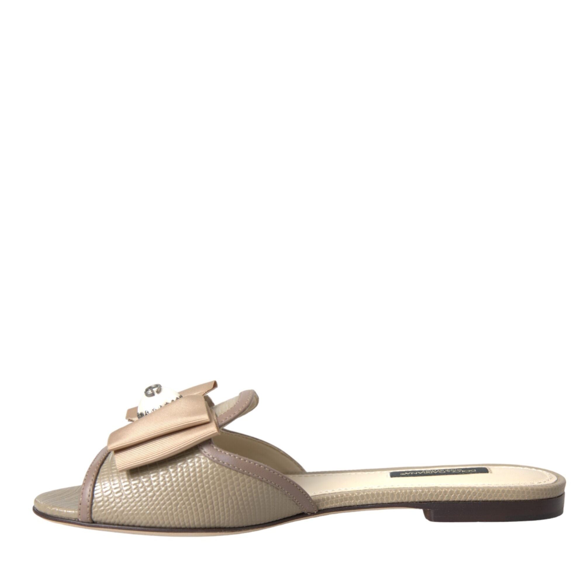 Dolce & Gabbana Beige Logo Pearl Flats Sandals Slides Shoes