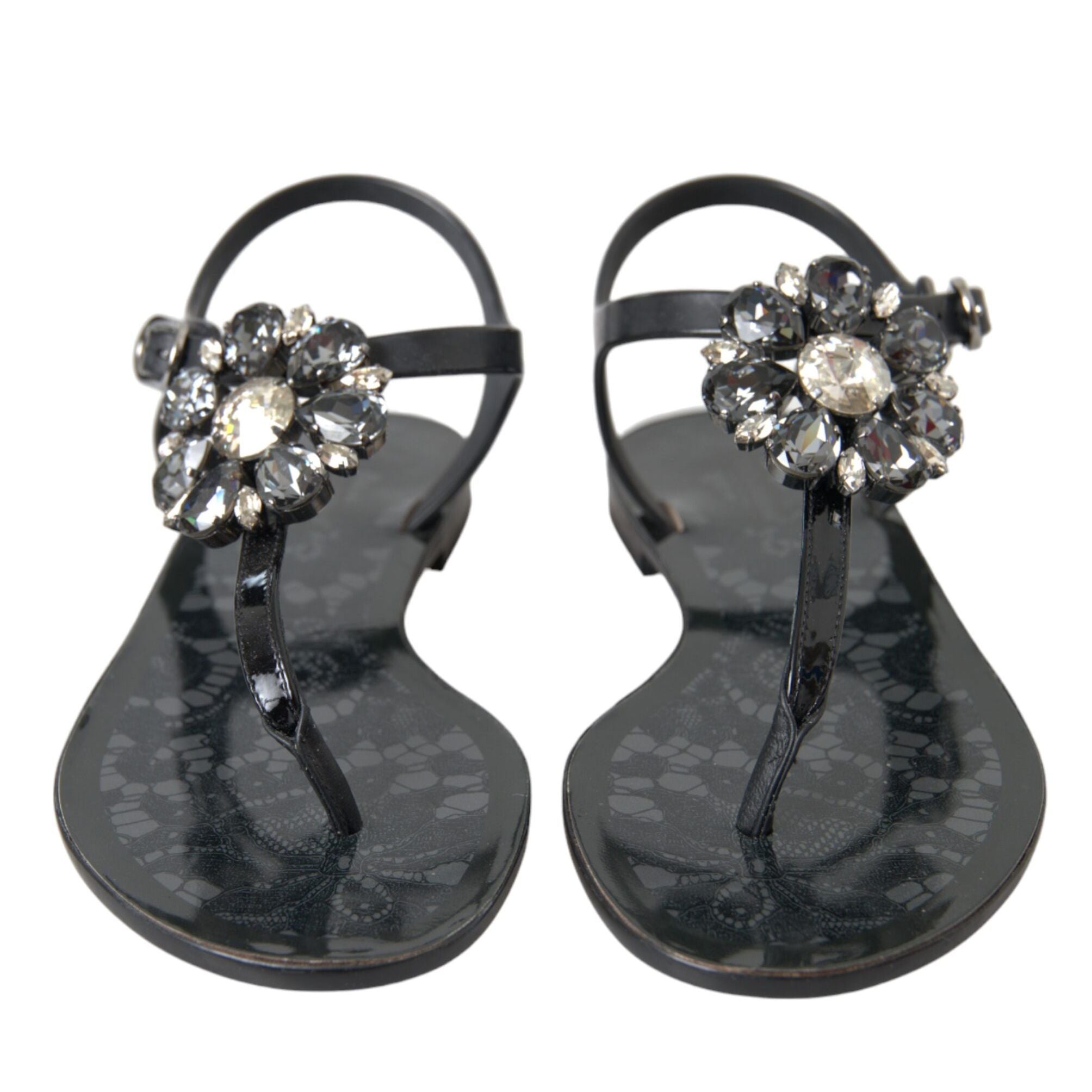 Dolce & Gabbana Black Crystal Flats Sandals Flip Flops Shoes