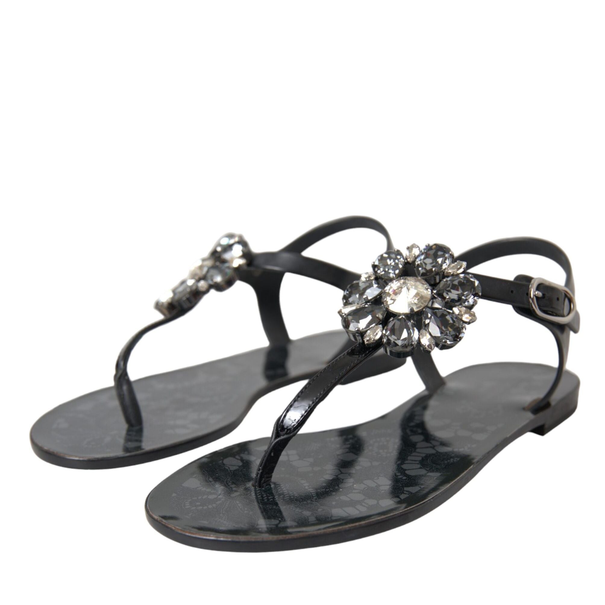 Dolce & Gabbana Black Crystal Flats Sandals Flip Flops Shoes
