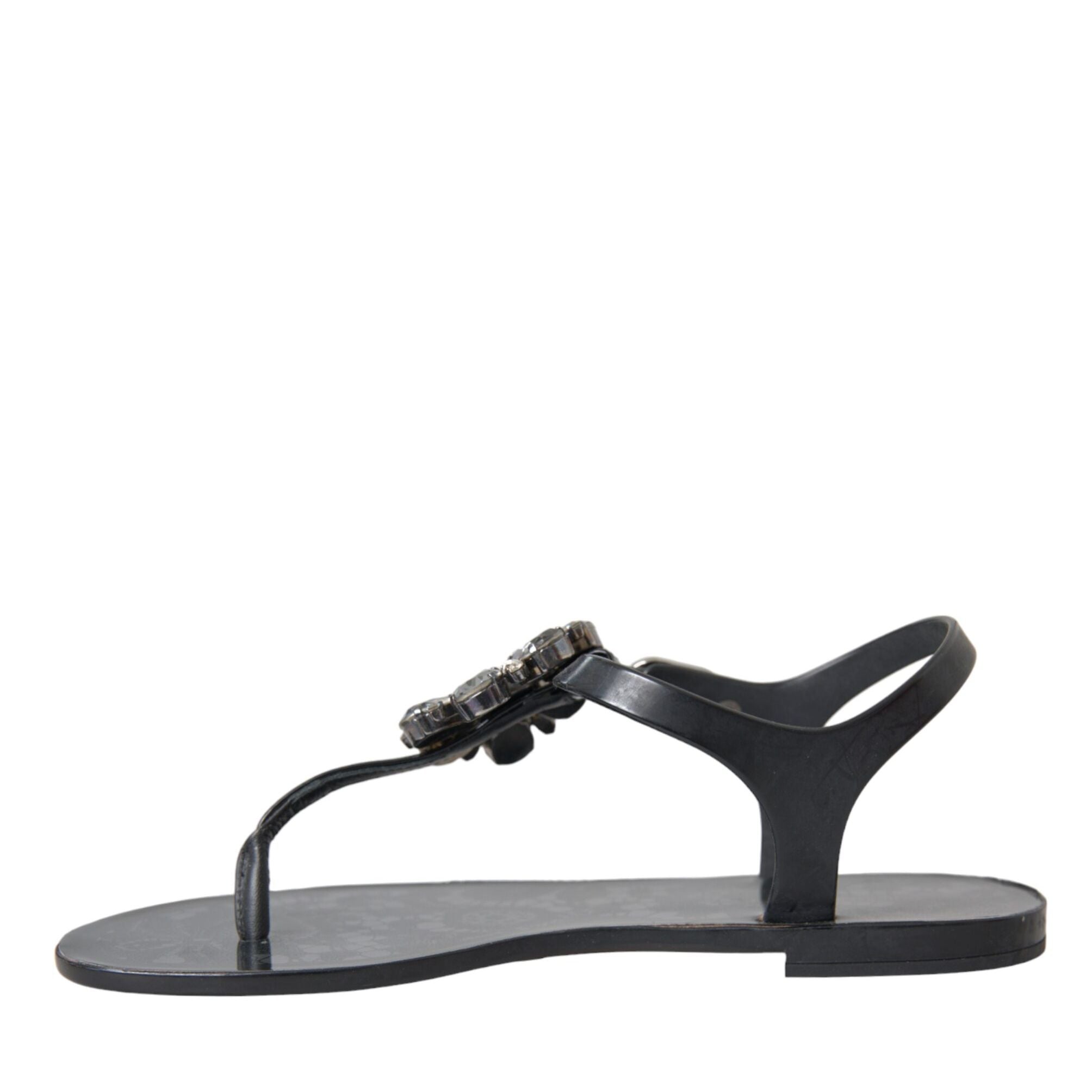 Dolce & Gabbana Black Crystal Flats Sandals Flip Flops Shoes