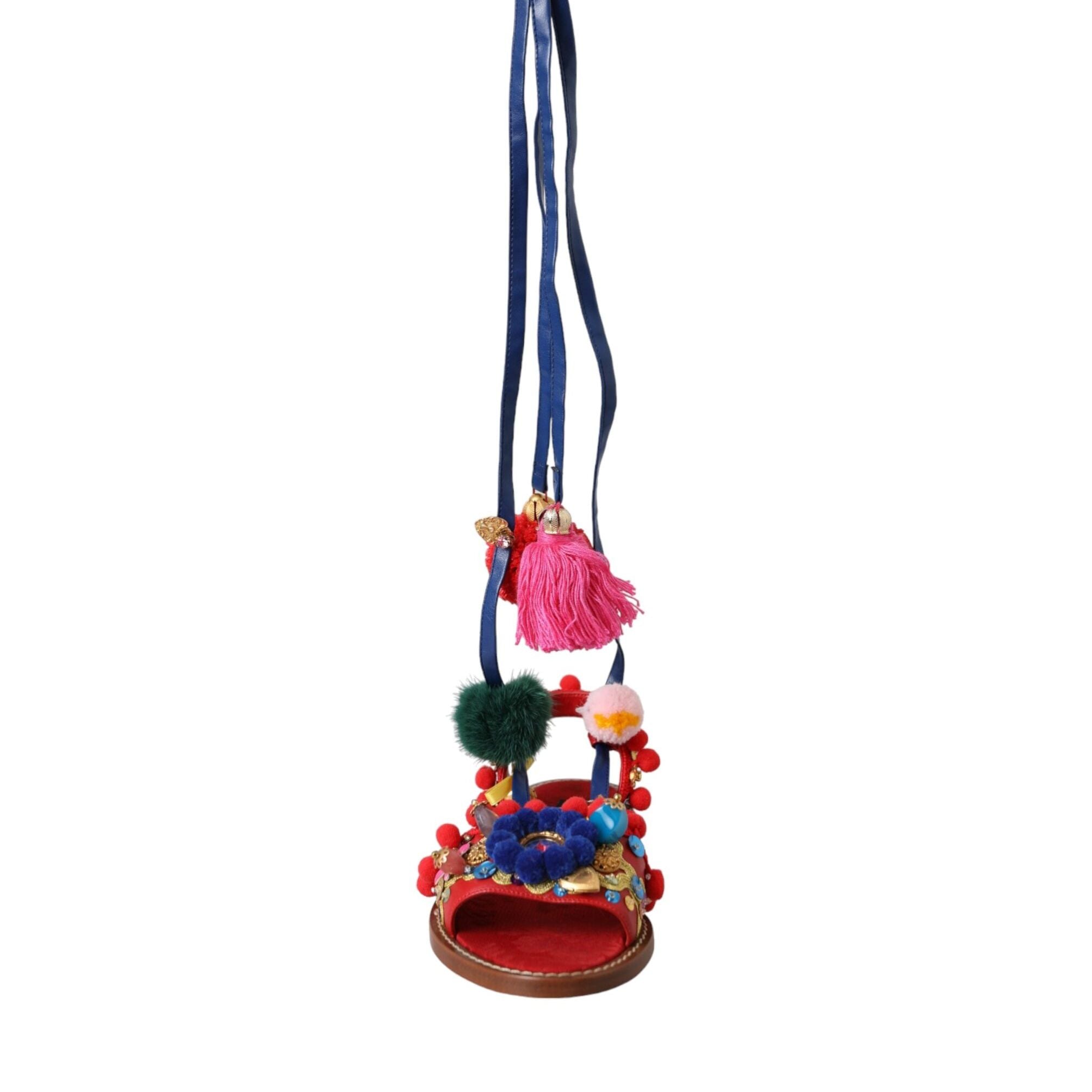 Dolce & Gabbana Multicolor Pom Pom Fur Wrap Sandals Shoes