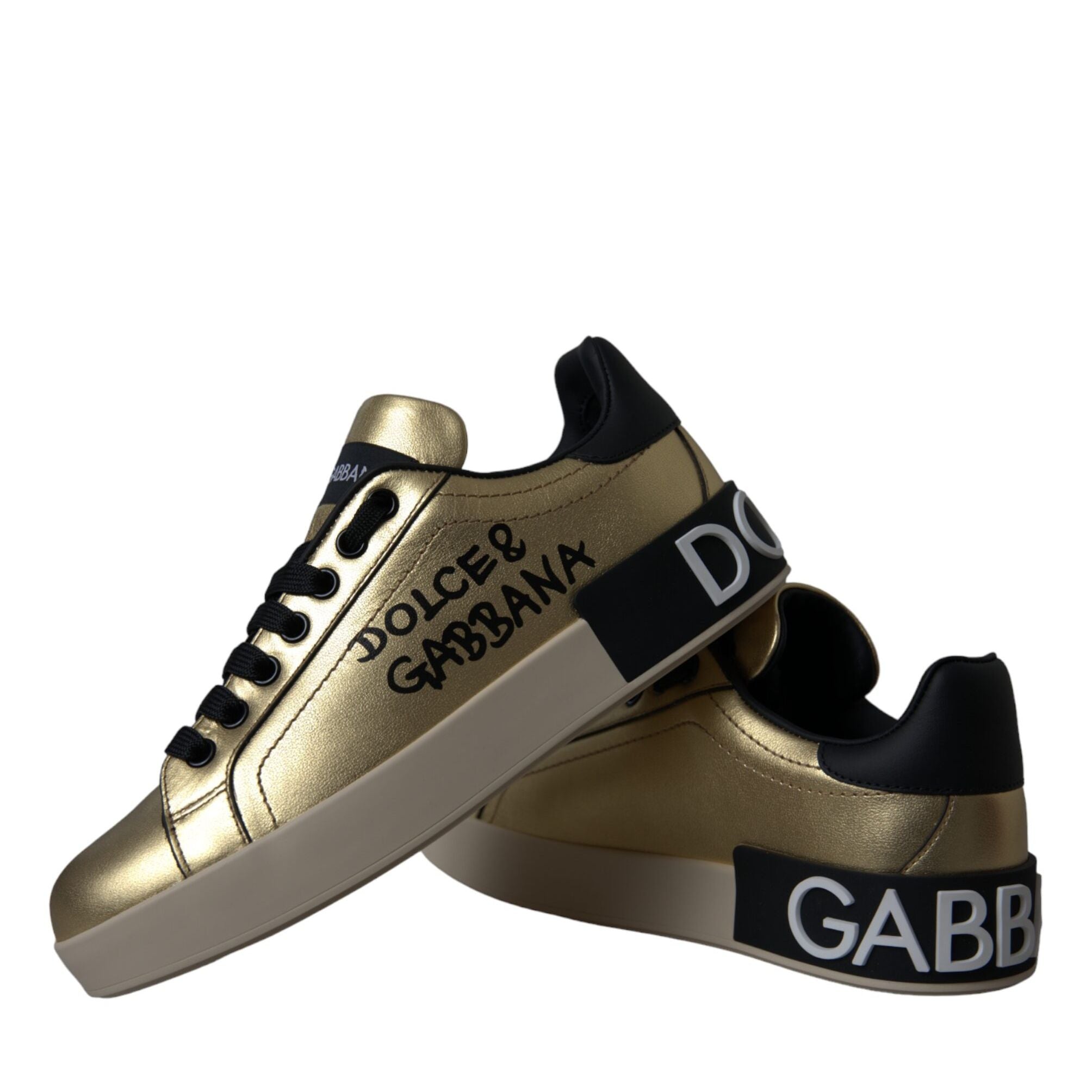 Dolce & Gabbana Gold Portofino Calf Leather Sneakers Women Shoes