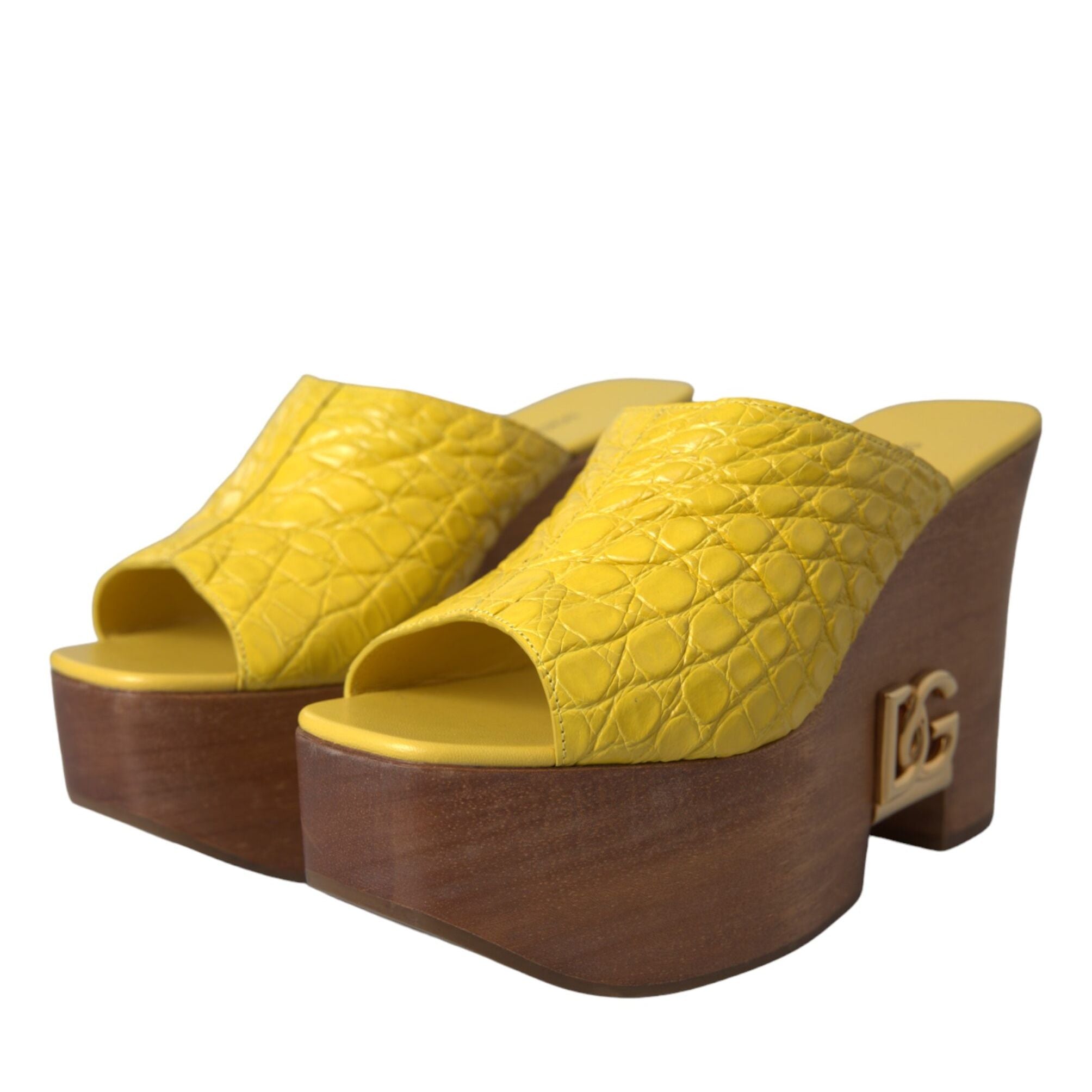 Dolce & Gabbana Yellow Leather Wood Mule Wedge Slides Shoes