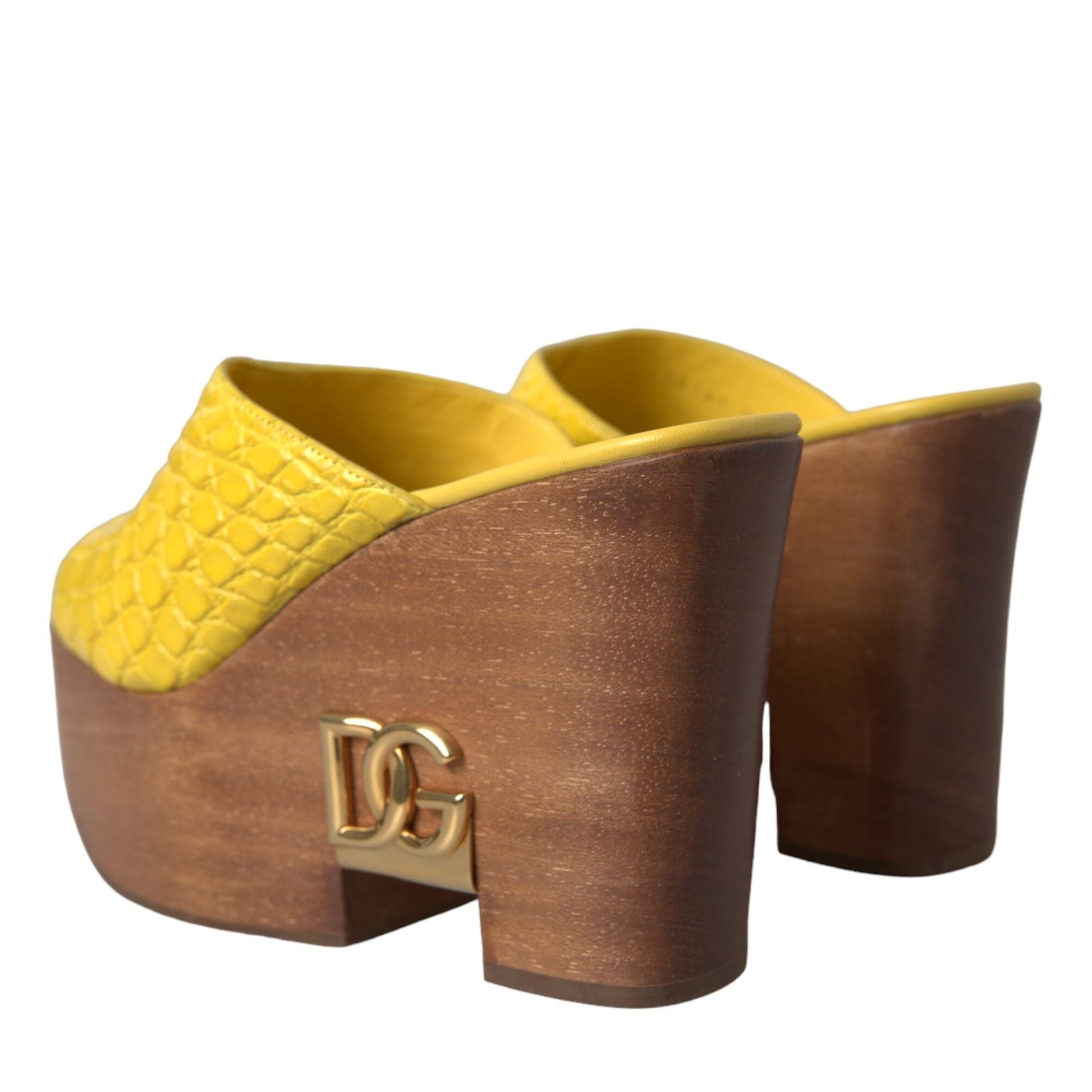 Dolce & Gabbana Yellow Leather Wood Mule Wedge Slides Shoes