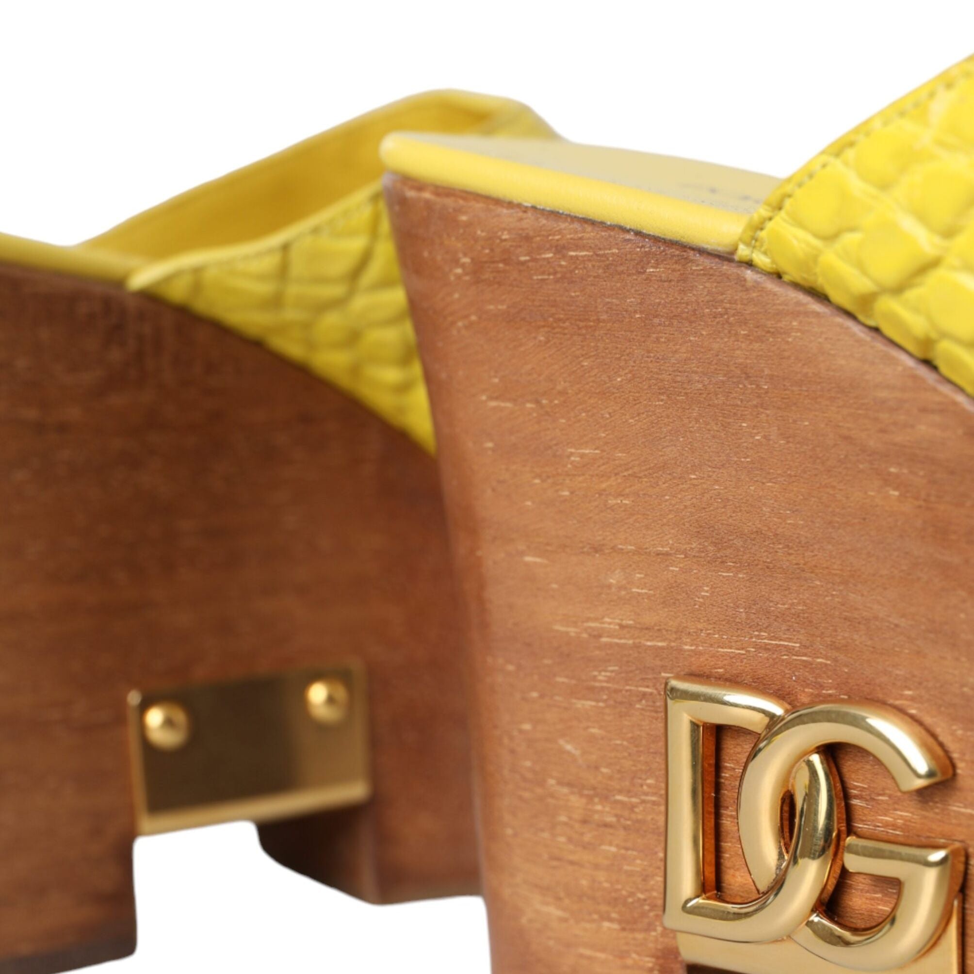 Dolce & Gabbana Yellow Leather Wood Mule Wedge Slides Shoes