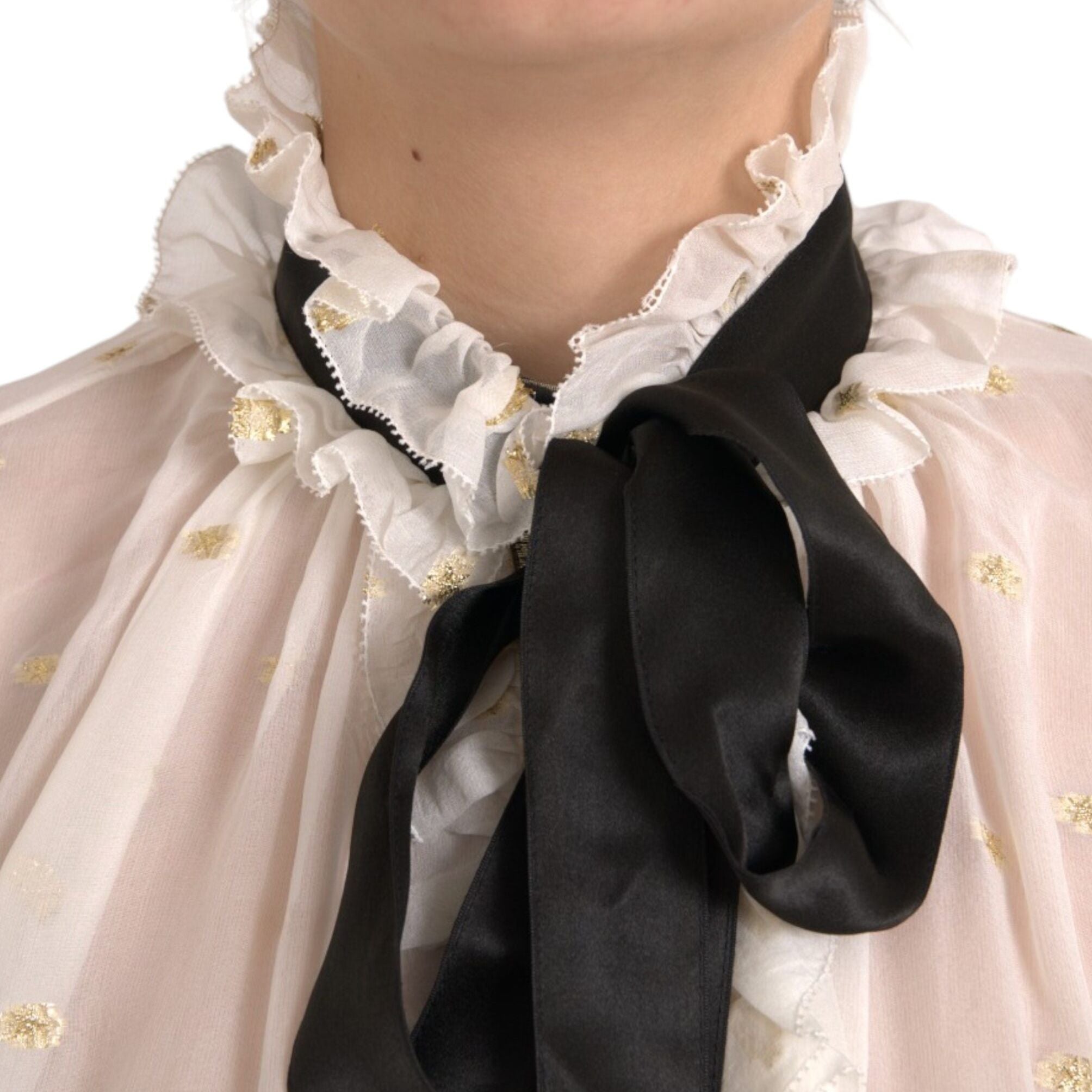 Dolce & Gabbana Off White Silk Blend Ascot Collar Blouse Top