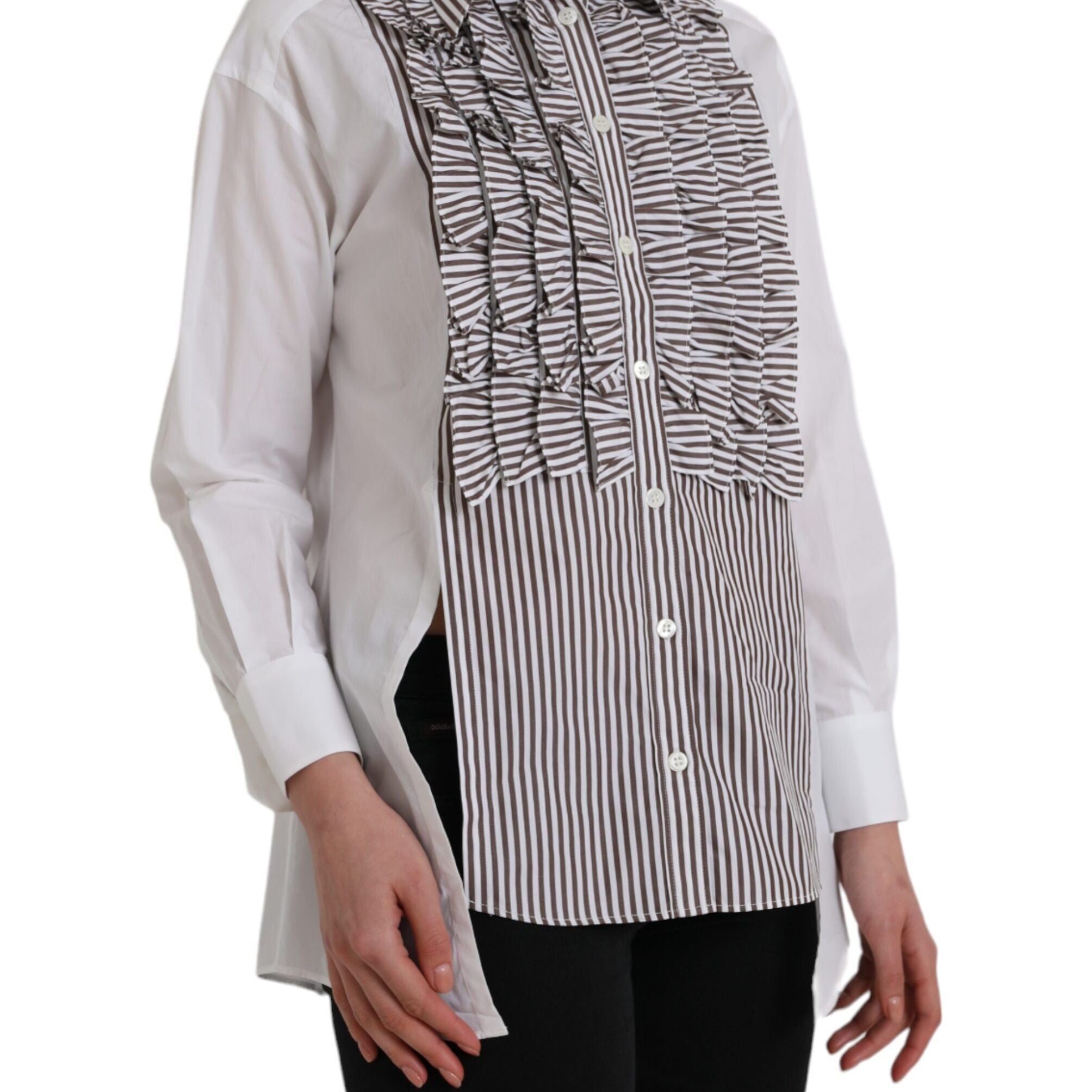 Dolce & Gabbana White Stripes Cotton Long Sleeves Ruffle Collar Top