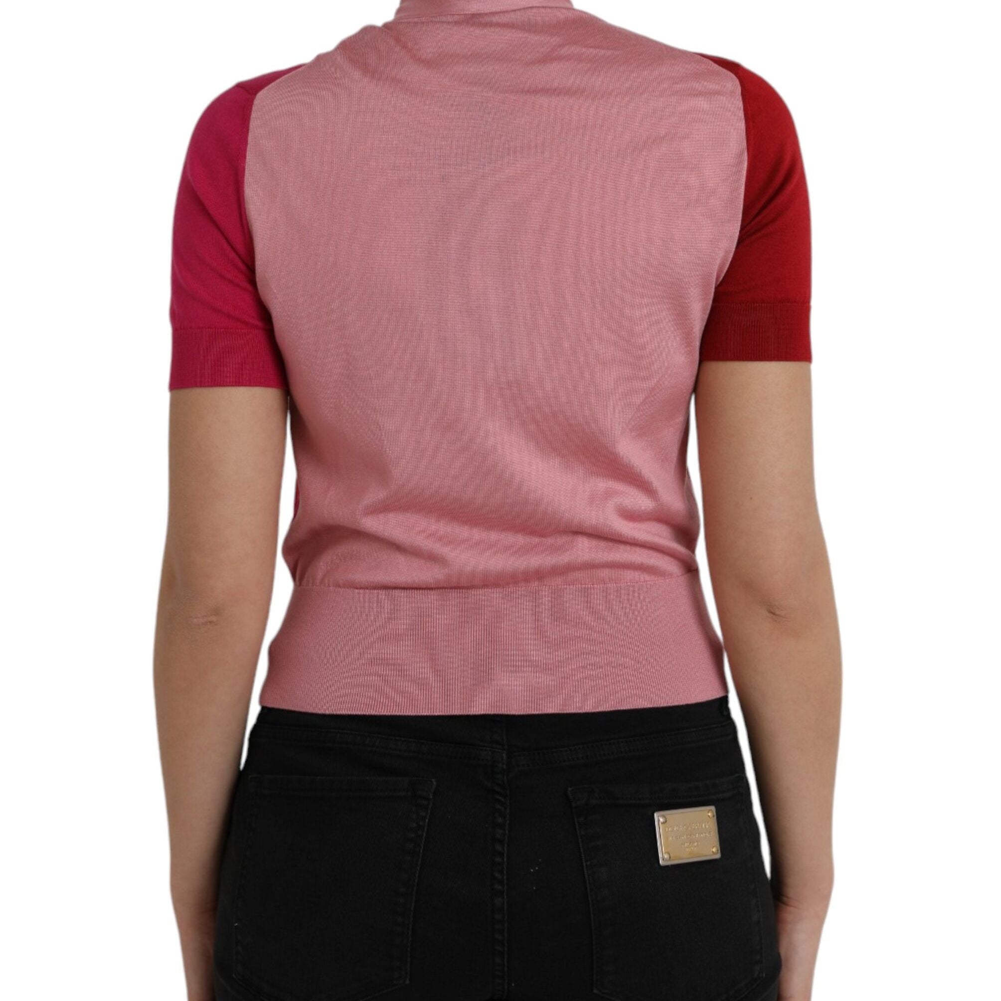 Dolce & Gabbana Pink Short Sleeves Pullover Ascot Collar Top