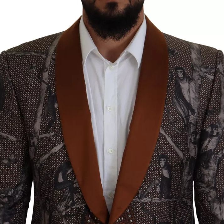 Dolce & Gabbana Bronze Monkey Print Silk Slim Jacket Blazer
