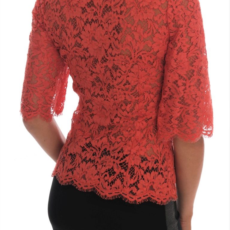 Dolce & Gabbana Orange Crystal Buttons Floral Lace Blouse