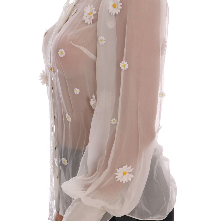 Dolce & Gabbana White Daisy Applique Silk Shirt