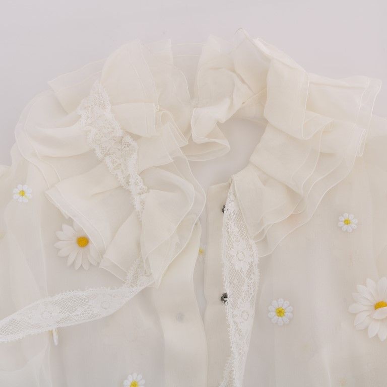 Dolce & Gabbana White Daisy Applique Silk Shirt