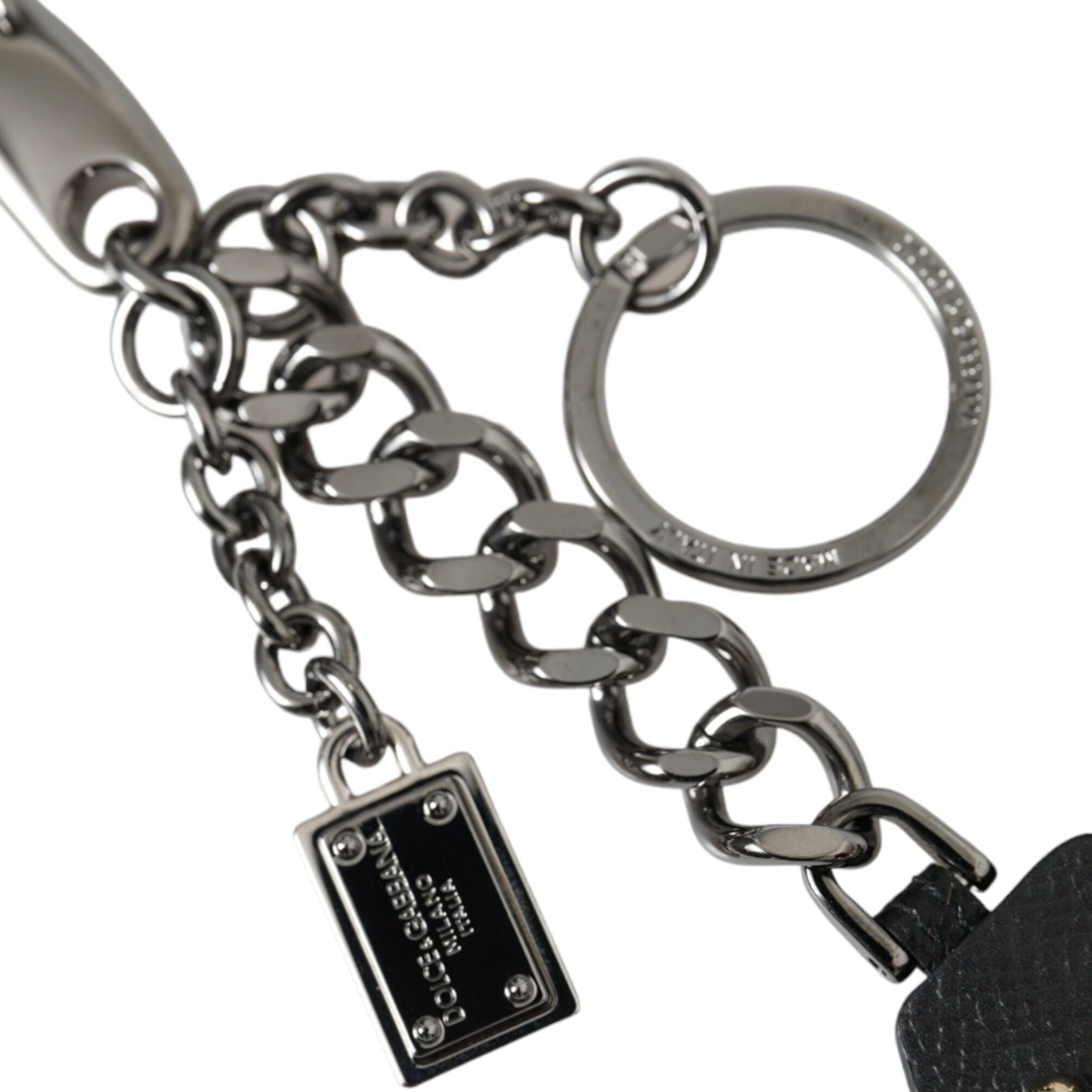 Dolce & Gabbana Black Prince Studs Logo Silver Brass Keychain Keyring