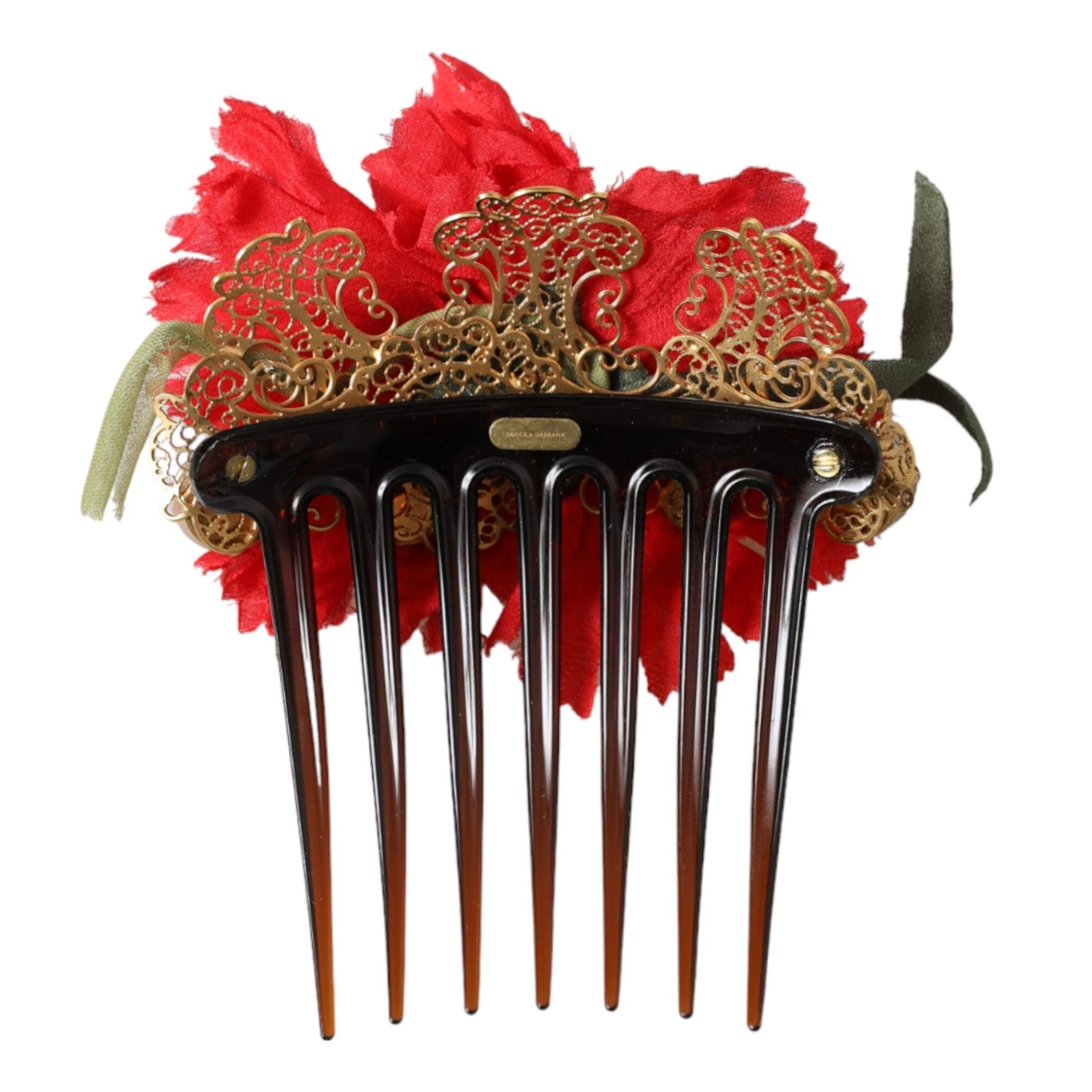 Dolce & Gabbana Red Silk Floral Gold Brass Women Hair Comb