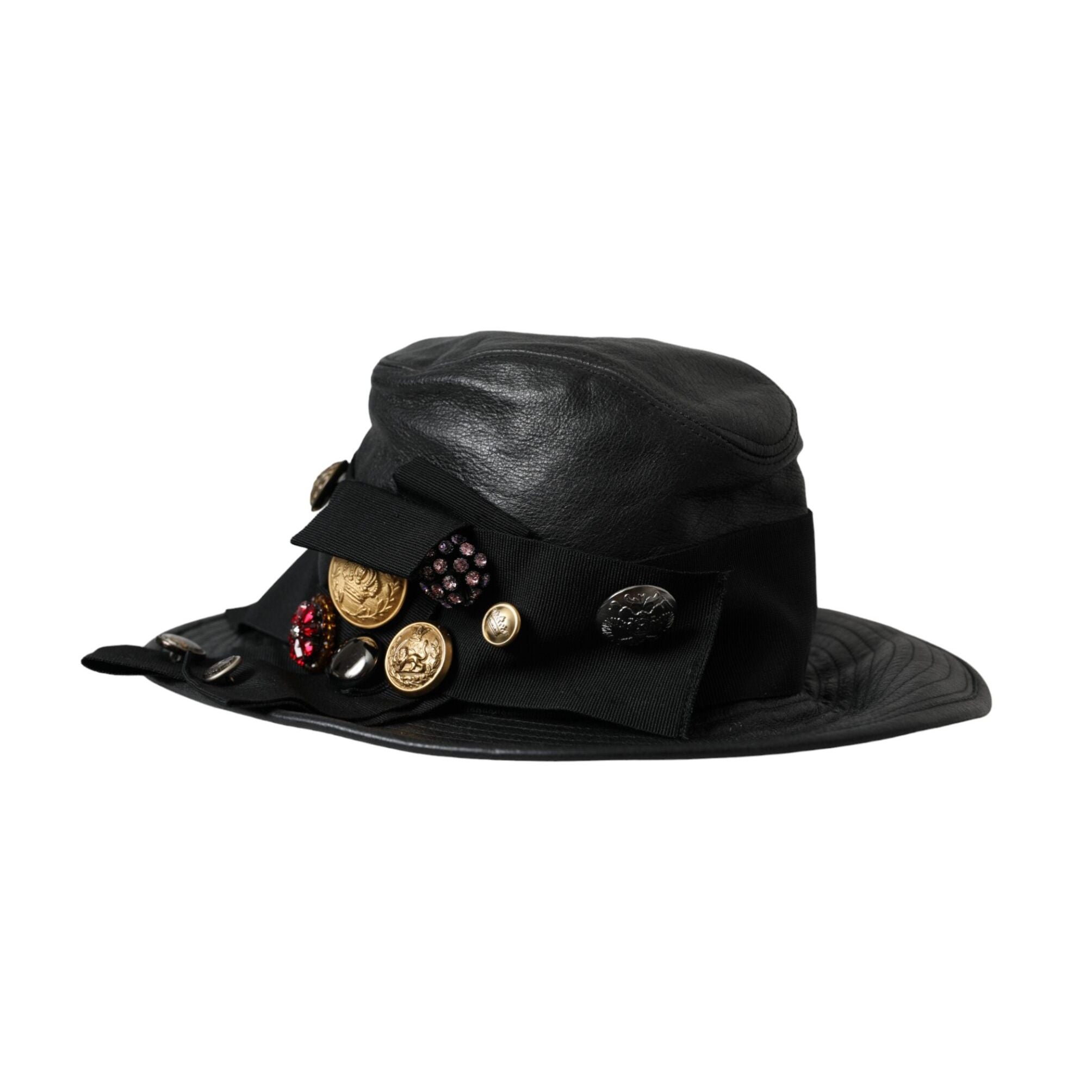 Dolce & Gabbana Black Leather DG Coin Crystal Wide Brim Hat