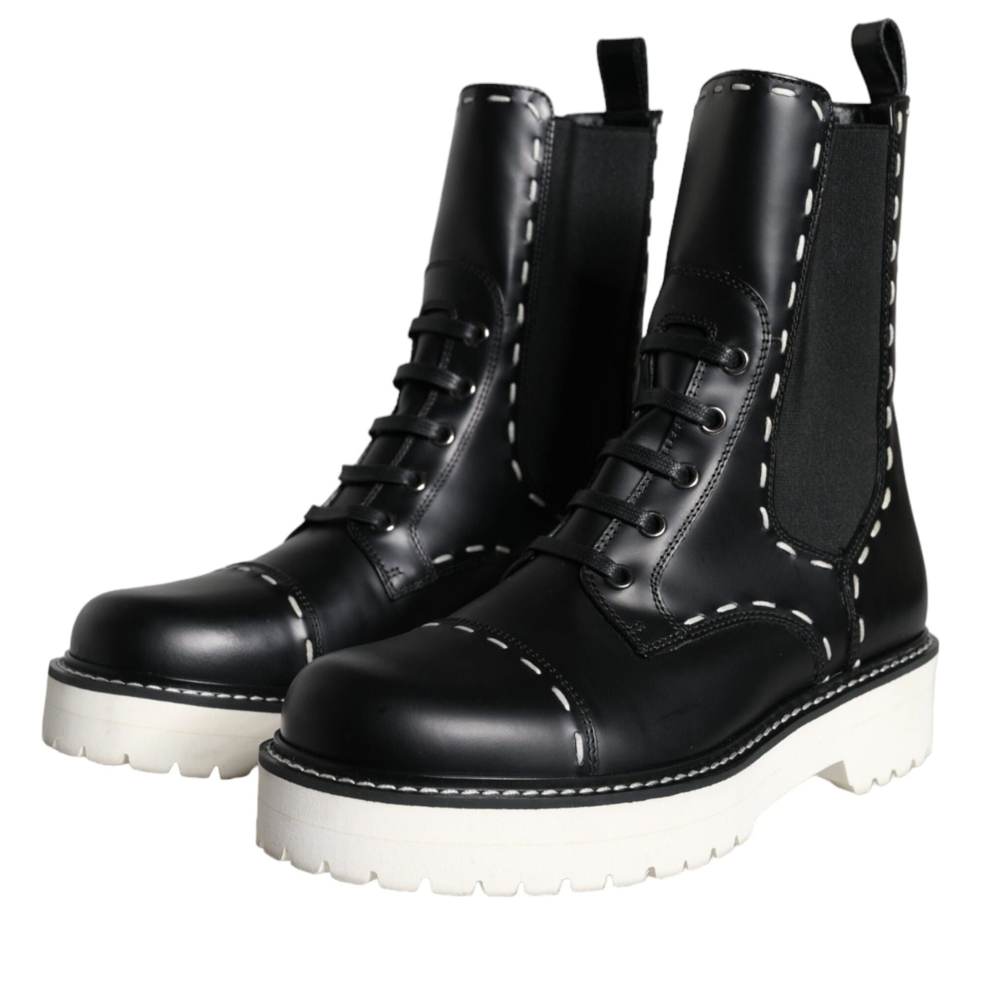 Dolce & Gabbana Black Leather Combat Mid Calf Boots Shoes