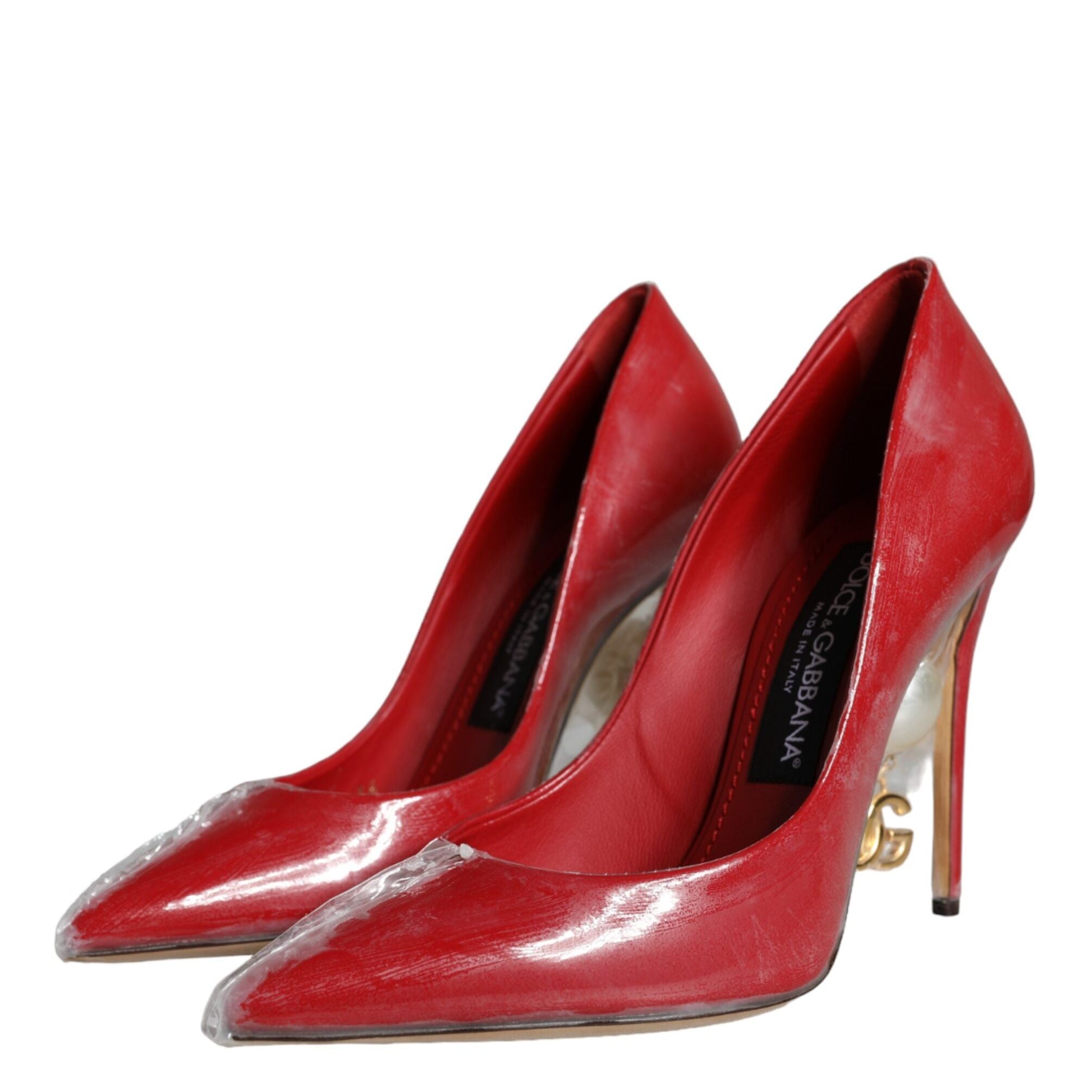 Dolce & Gabbana Red Patent Leather Faux Pearl Heels Pumps Shoes