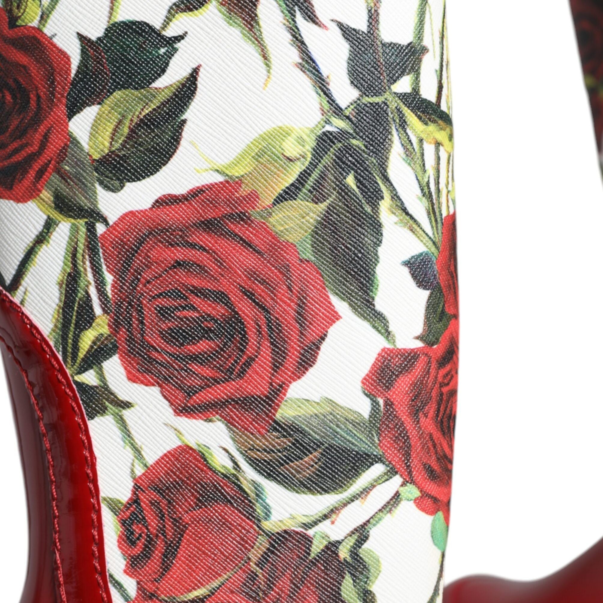 Dolce & Gabbana Red Floral Rubber Knee High Flat Boots Shoes