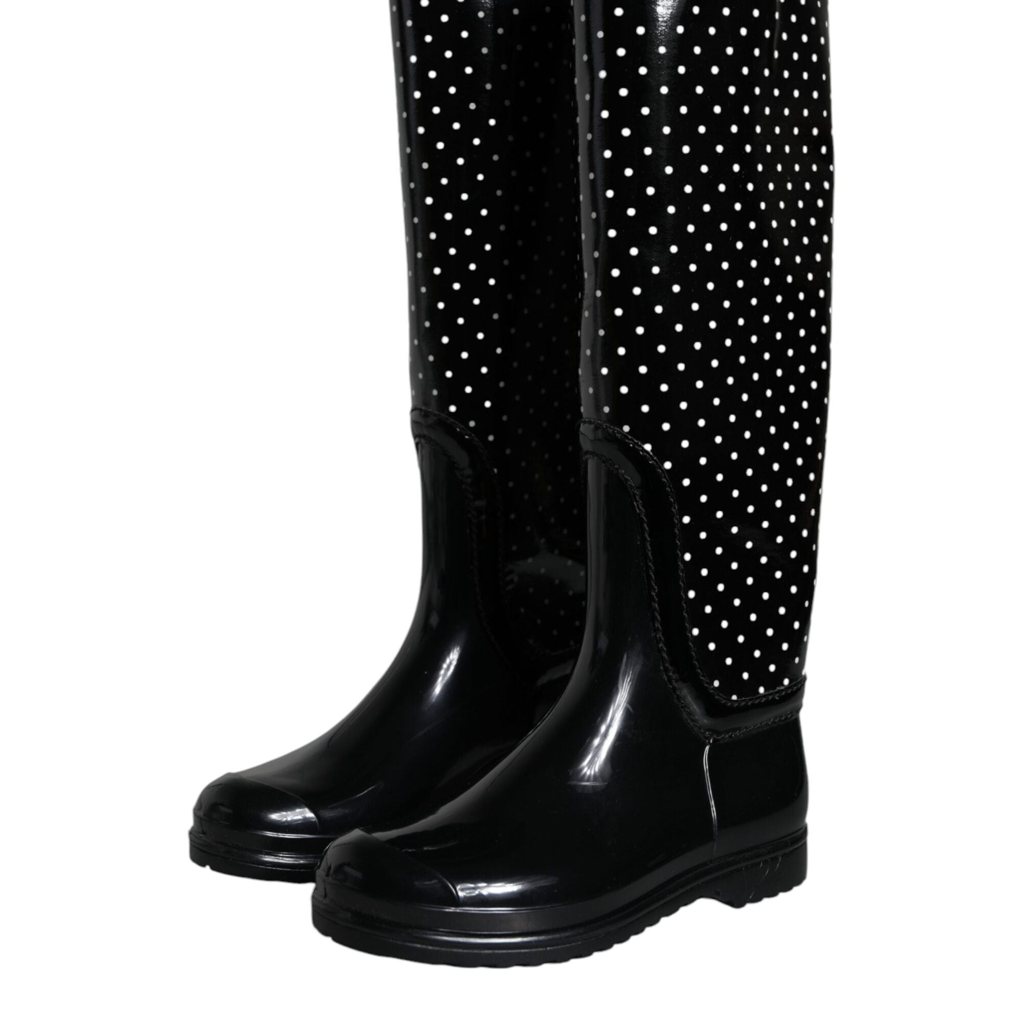 Dolce & Gabbana Black Polka Dot Rubber Knee High Boots Shoes