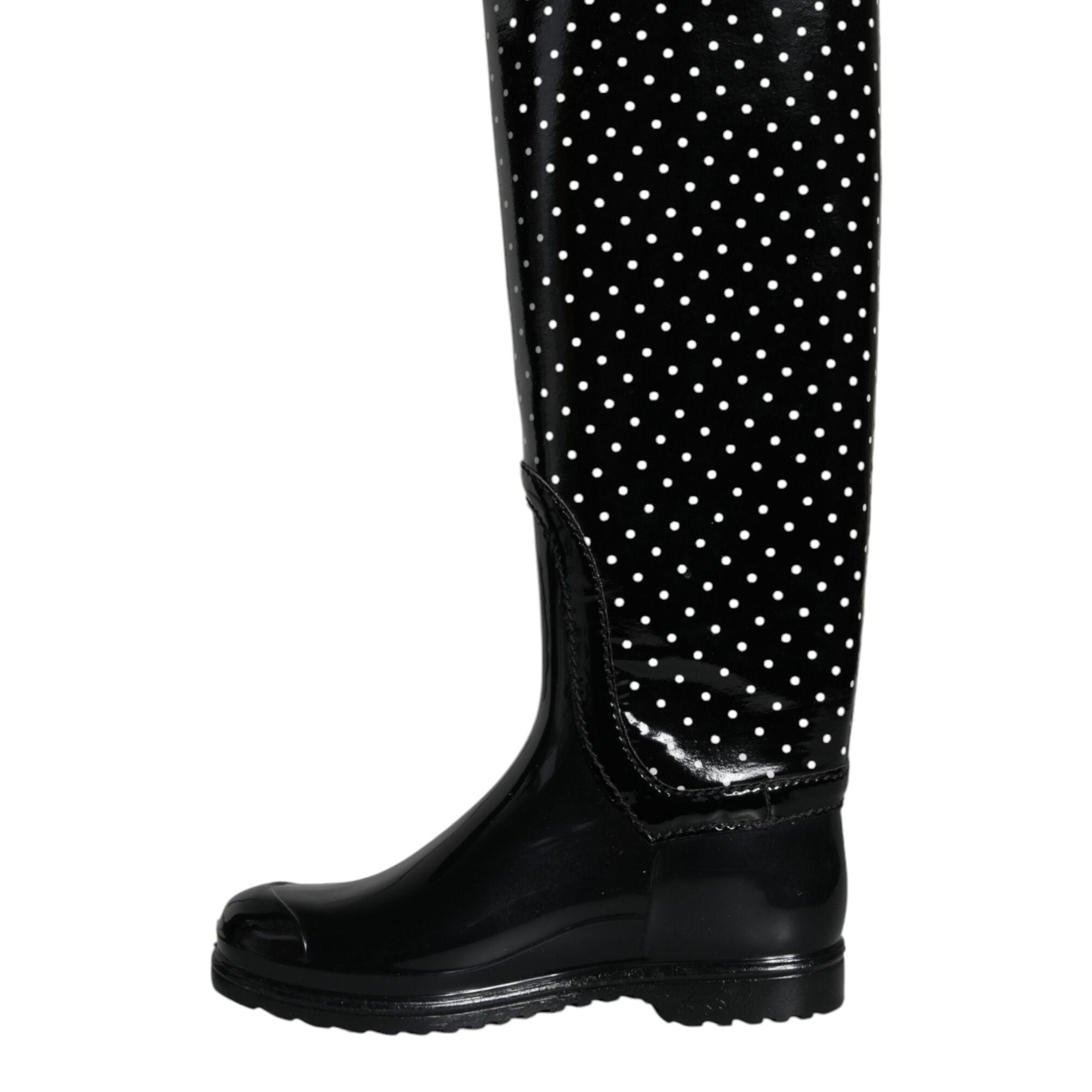 Dolce & Gabbana Black Polka Dot Rubber Knee High Boots Shoes