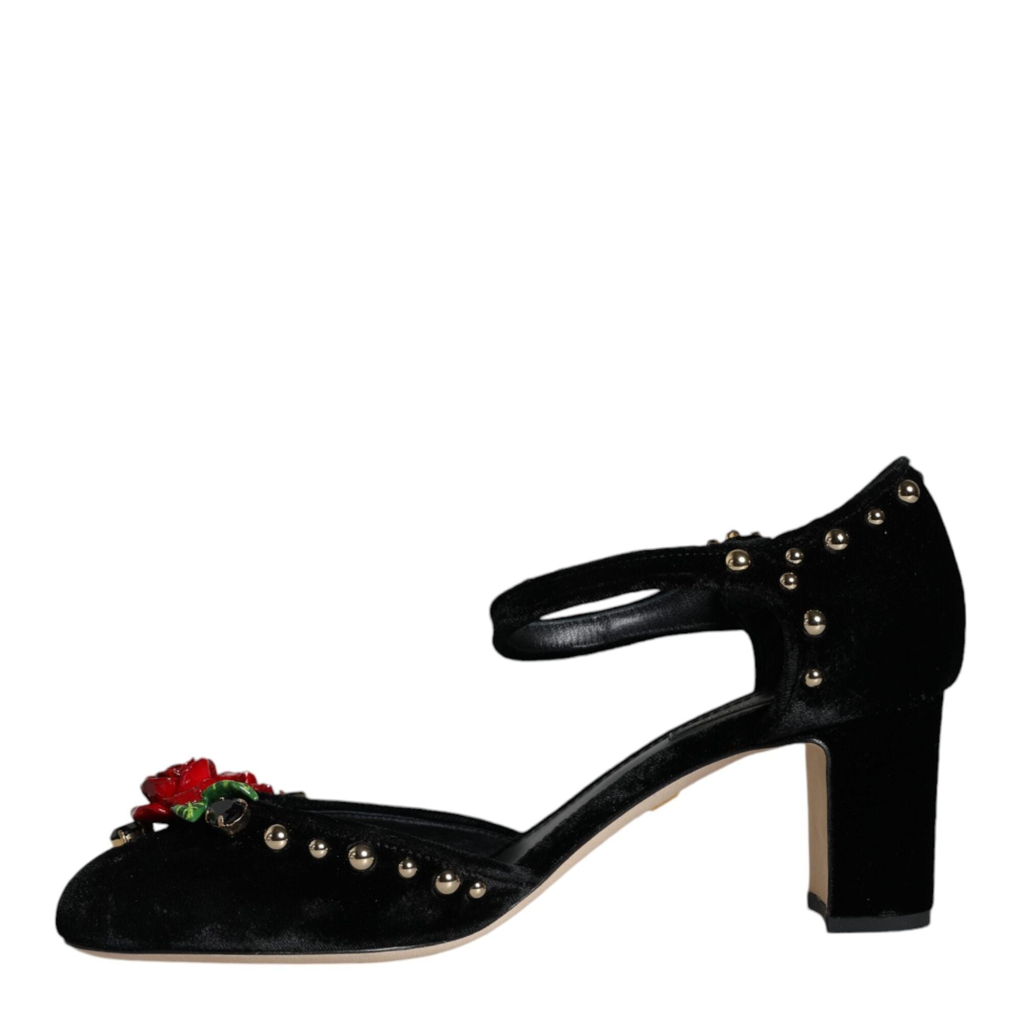 Dolce & Gabbana Black Velvet Roses Ankle Strap Pumps Shoes