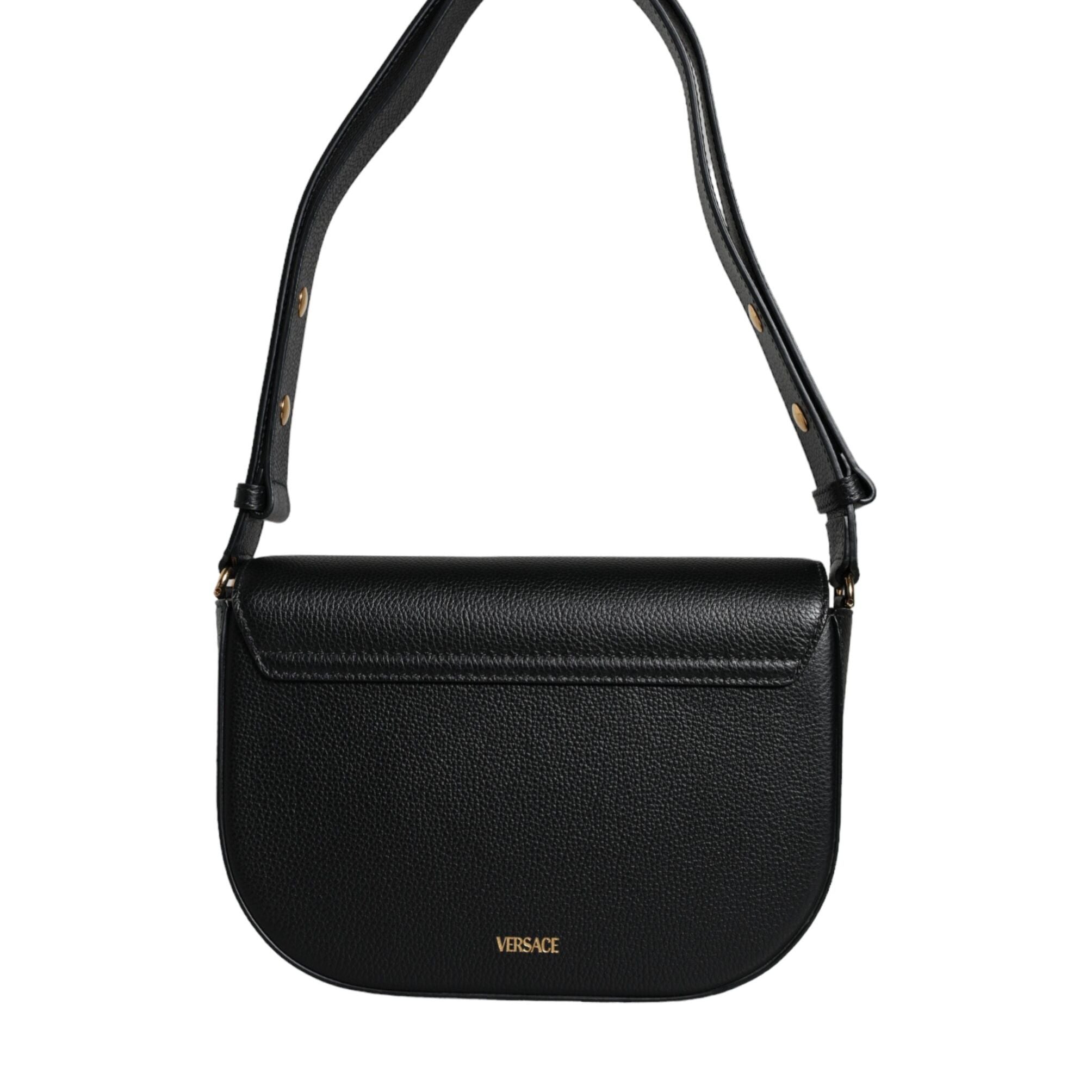 Versace Black Grainy Calf Leather Logo Crossbody Shoulder Bag