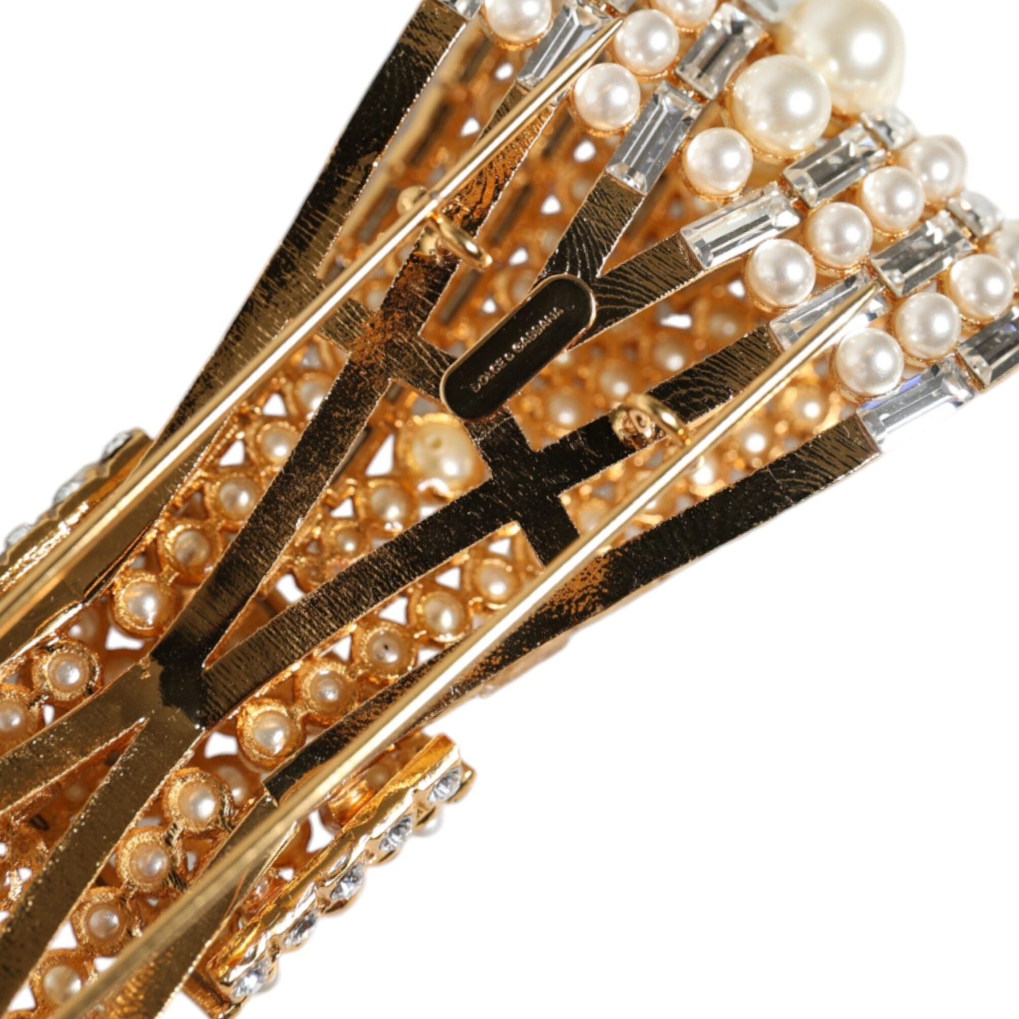 Dolce & Gabbana Gold Tone Brass Bow Crystal FauxPearl Embellished Brooch