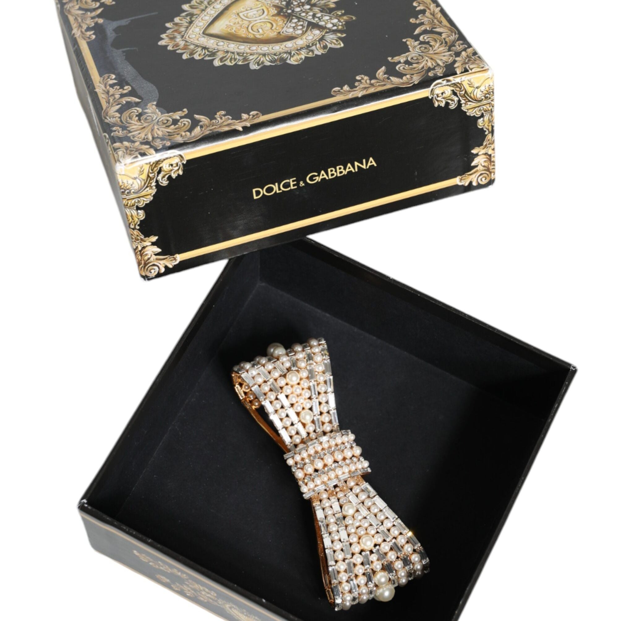 Dolce & Gabbana Gold Tone Brass Bow Crystal FauxPearl Embellished Brooch