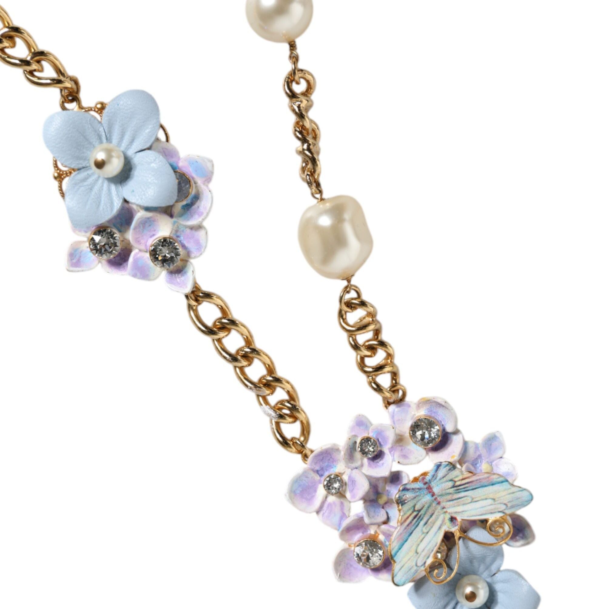 Dolce & Gabbana Gold Chain Brass Floral Layered Crystal Pearl Necklace