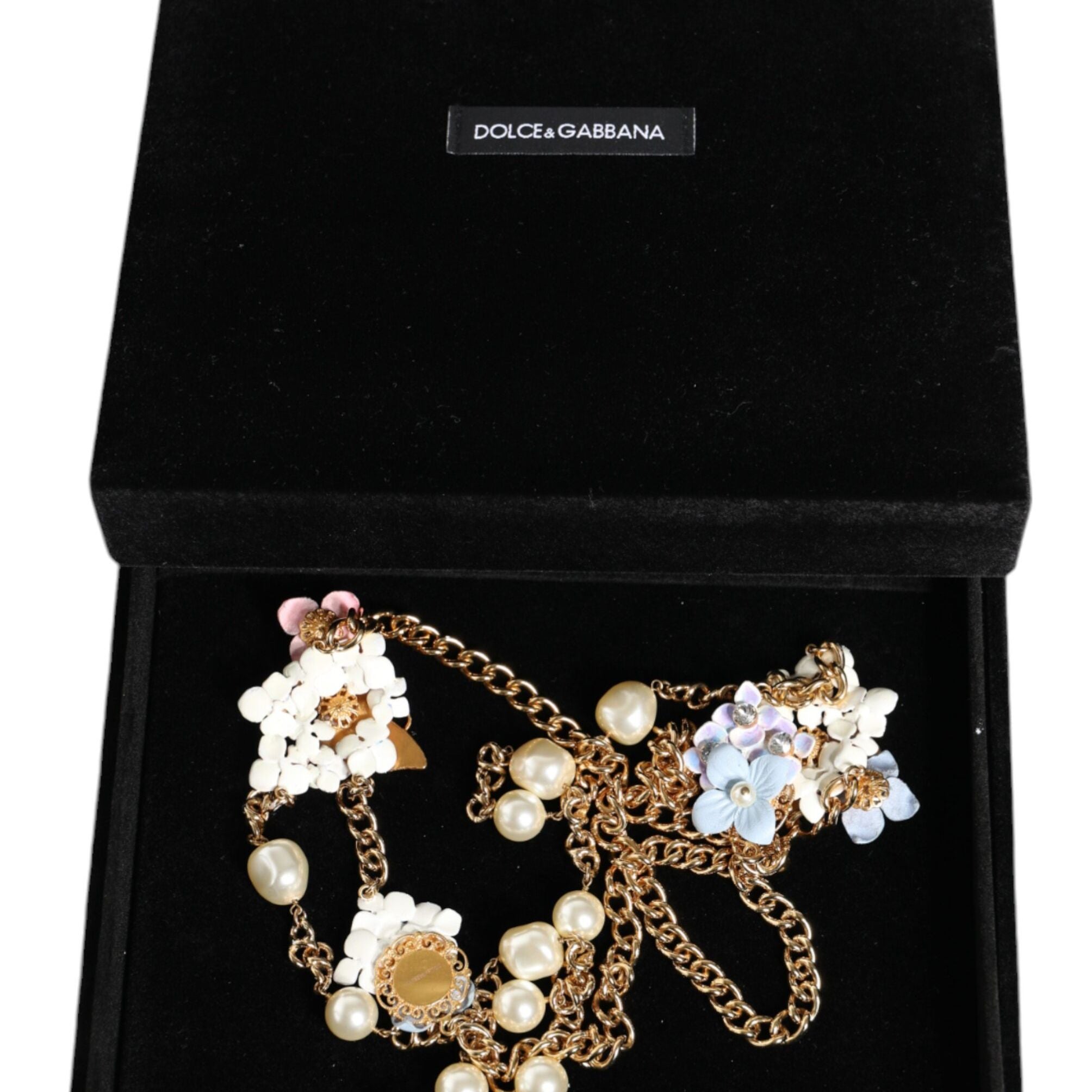 Dolce & Gabbana Gold Chain Brass Floral Layered Crystal Pearl Necklace